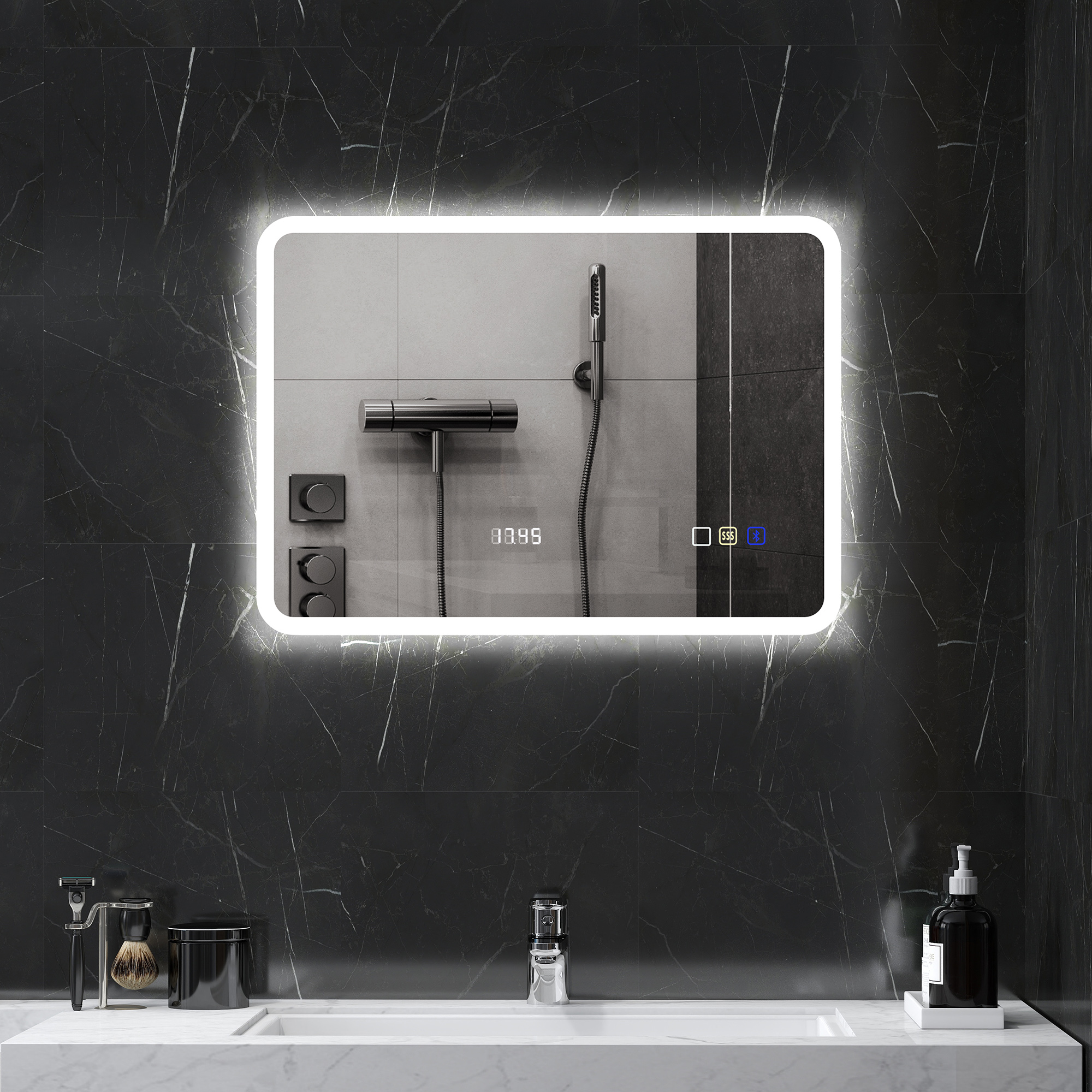 Espejo iluminado sobre tocador de mármol con lavabo, grifo, dispensador de jabón y set de afeitado.