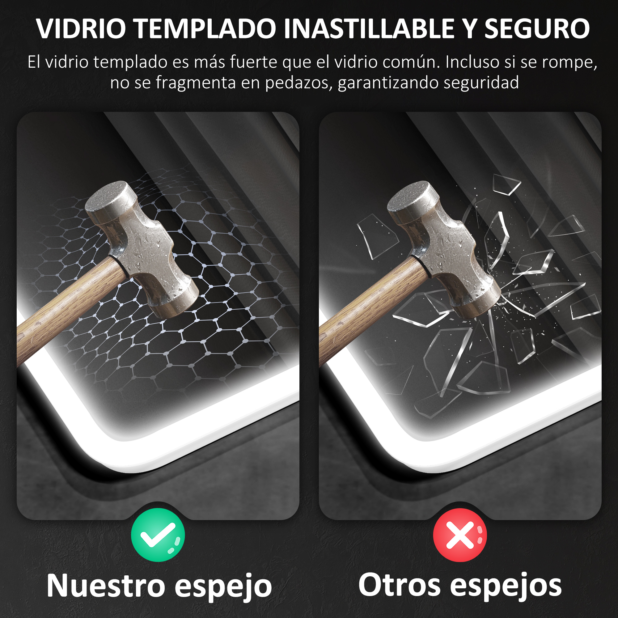 Martillos sobre vidrio: Izquierda intacta con patrón de red, derecha rota. Izquierda 'Nuestro espejo', derecha 'Otros espejos'.