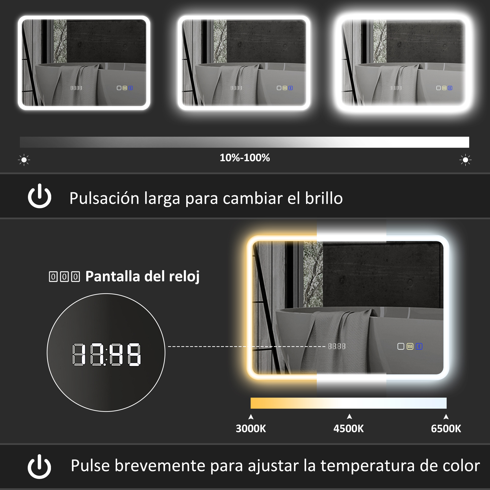 Espejo con brillo y temperatura de color ajustables. Muestra la hora.