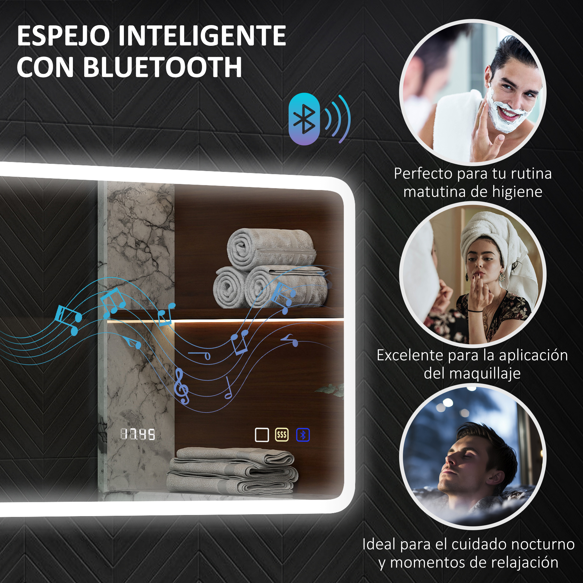 Espejo inteligente con símbolo Bluetooth, notas musicales y escenas de higiene y maquillaje.