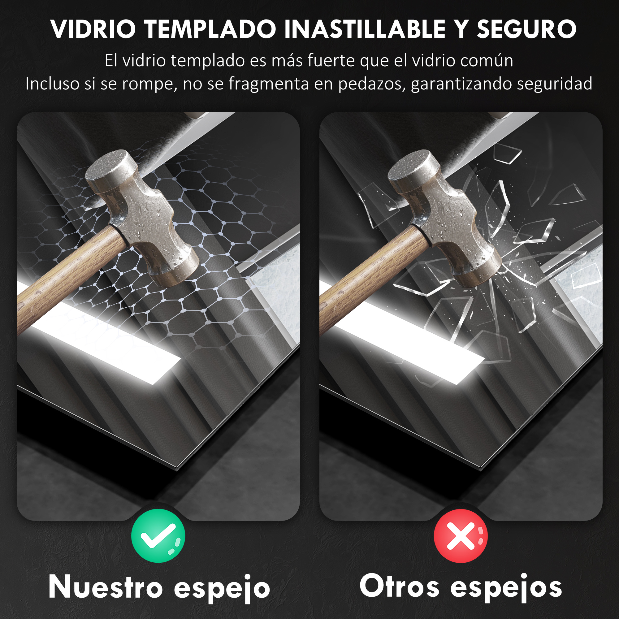 Martillos golpean vidrio. Lado izquierdo intacto, derecho roto.