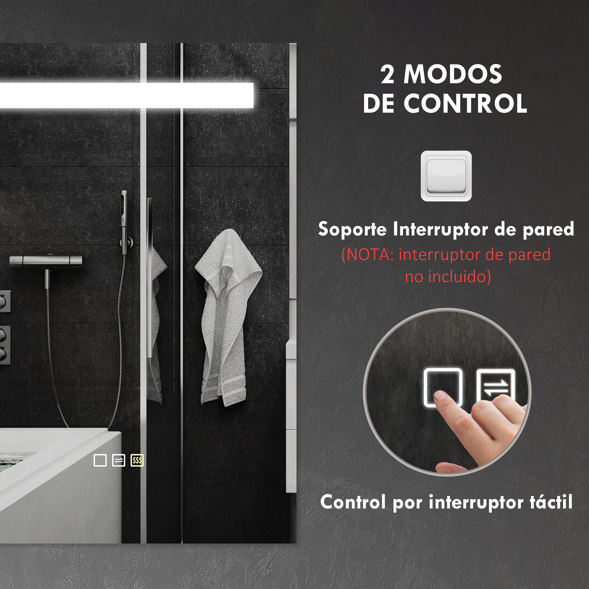 Espejo de baño con luces y controles de ducha. Se muestran dos modos.