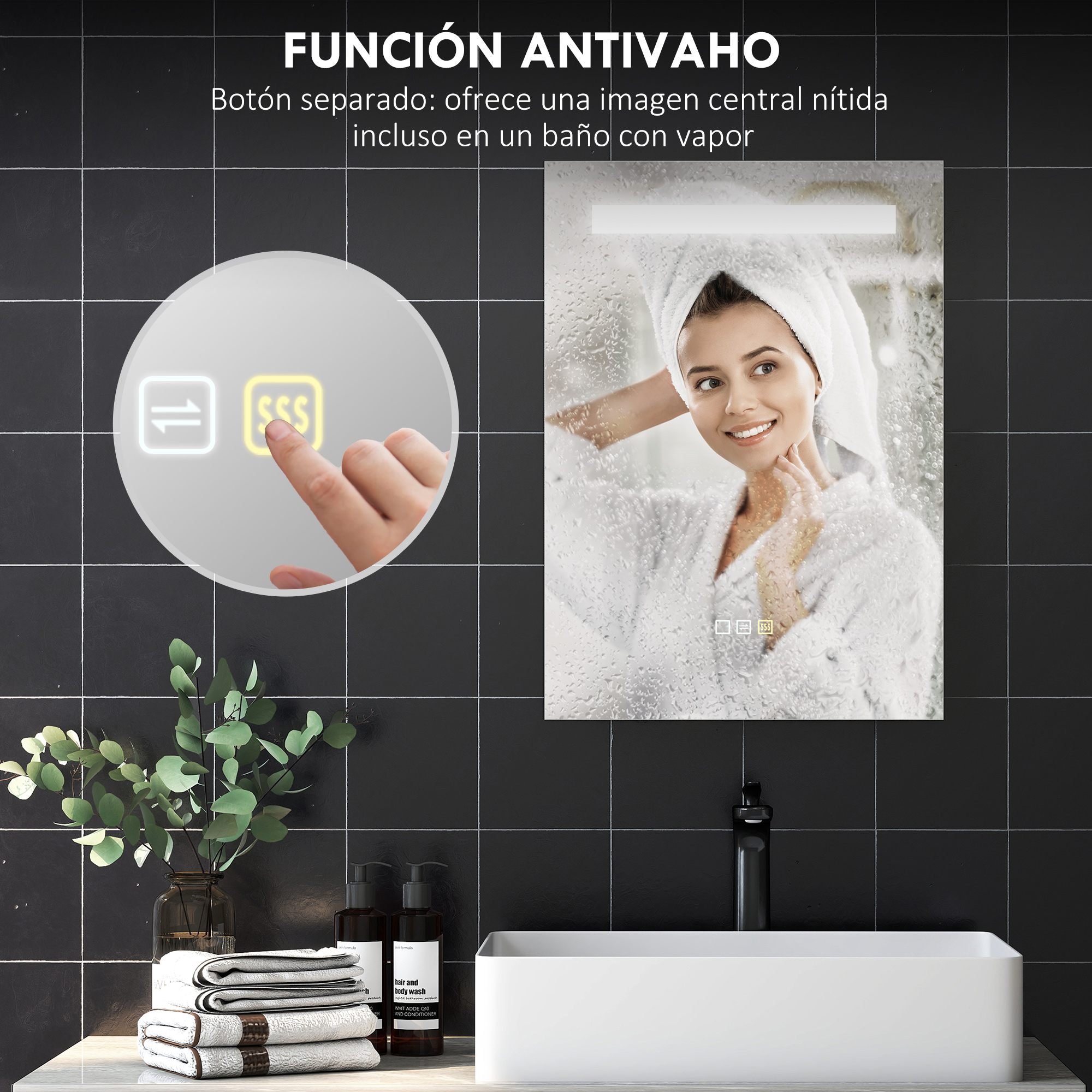 Un espejo con función antivaho, un lavabo y un grifo.