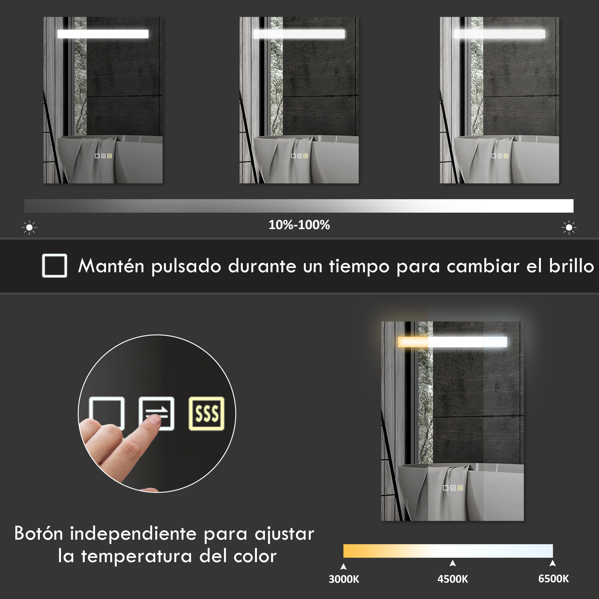 Un espejo con controles táctiles muestra ajuste de brillo y temperatura de color.