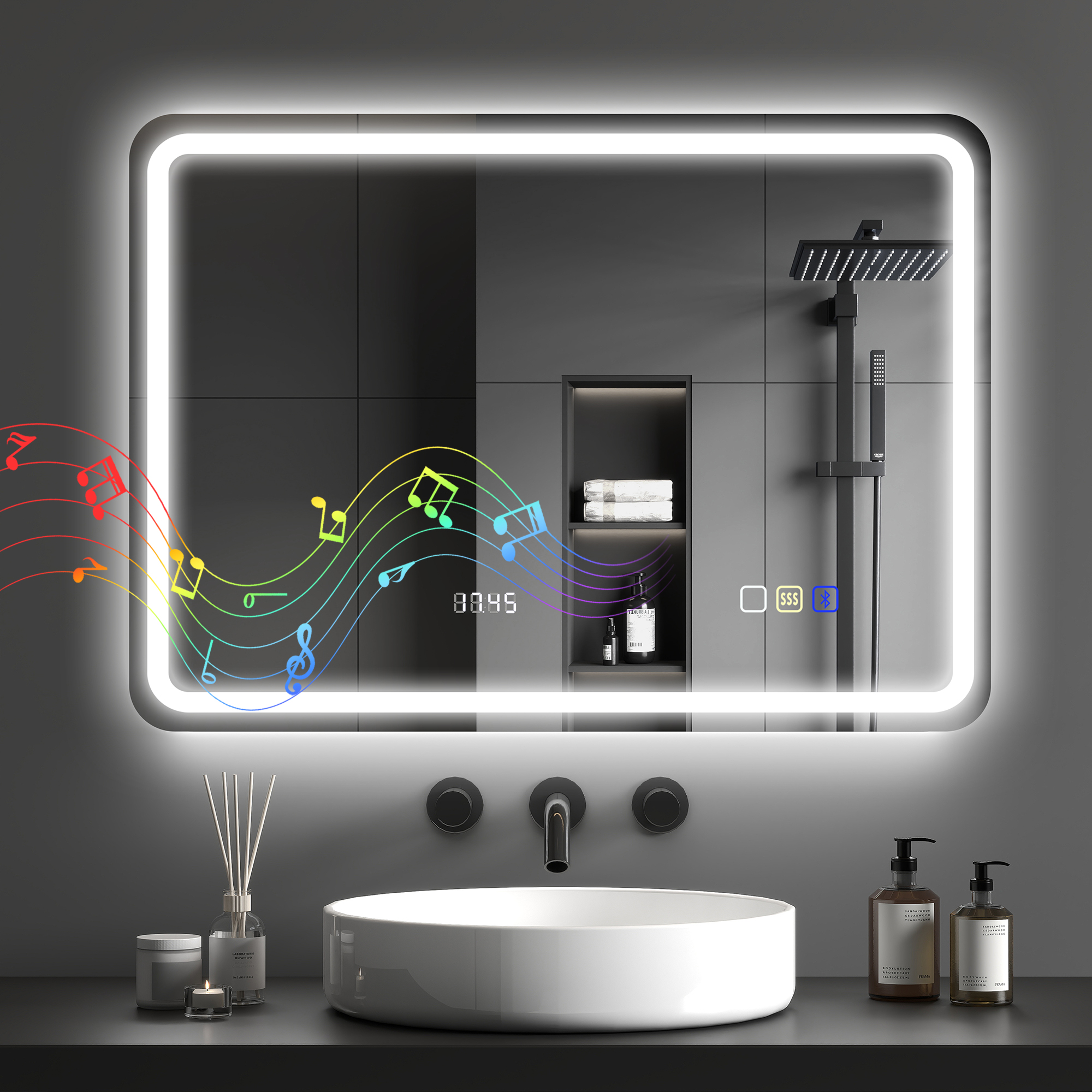 Un espejo retroiluminado sobre un lavabo con gráfico de notas musicales.