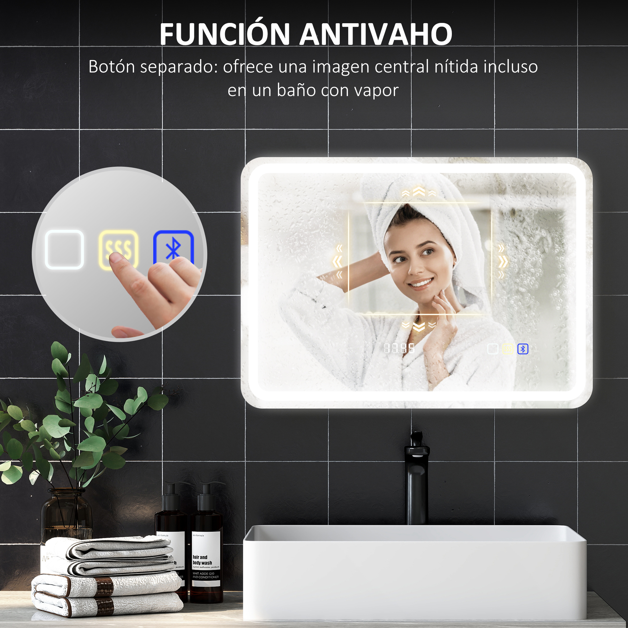 Un espejo iluminado muestra a una mujer con toalla. Un dedo toca un panel de control.