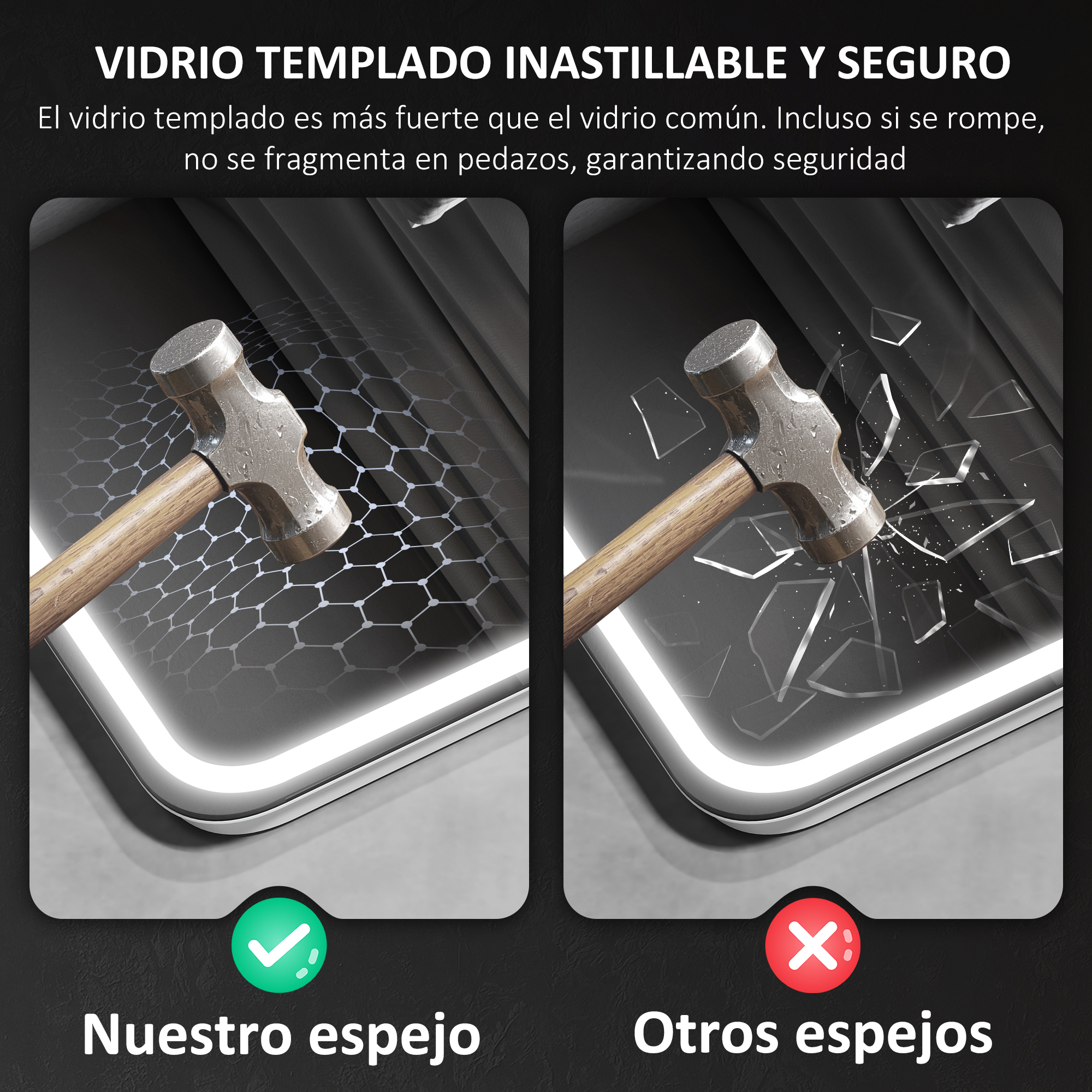 Martillos golpean vidrio. Izquierda resiste, derecha se rompe.