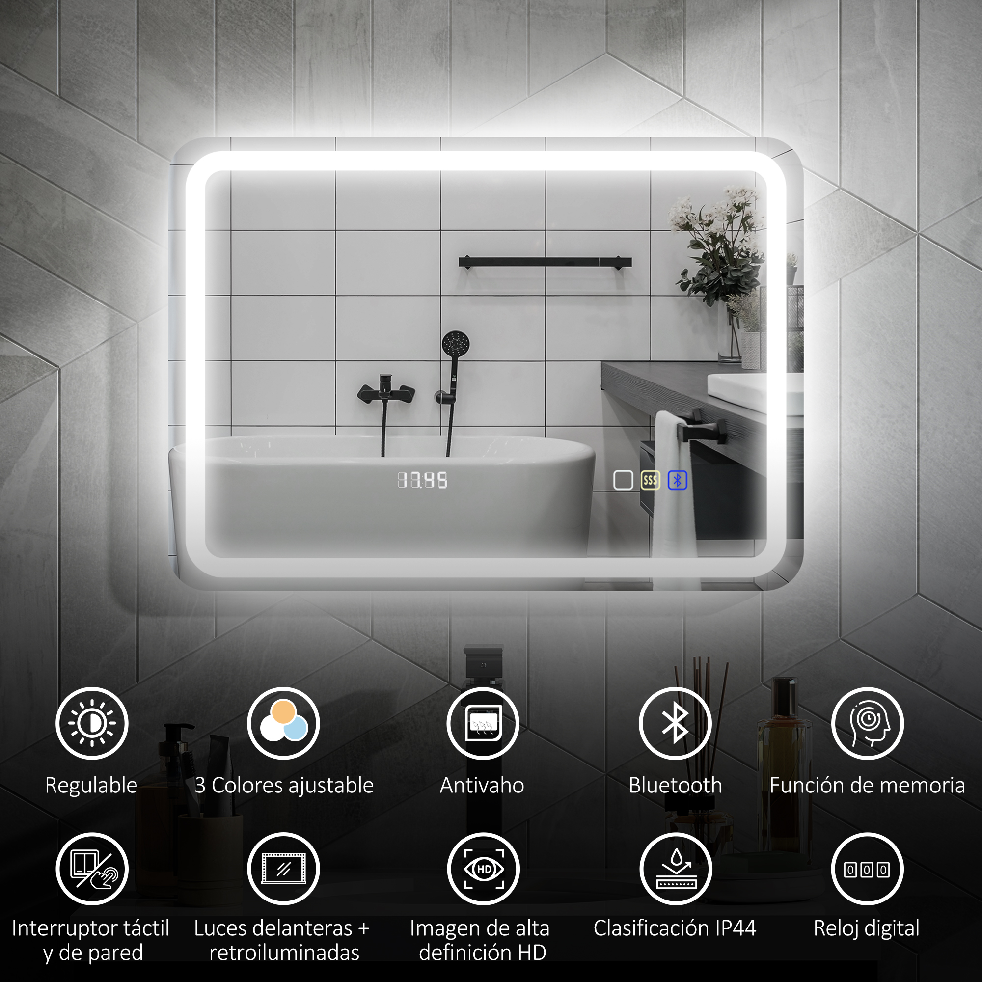 Un espejo de baño iluminado sobre una bañera con grifo y alcachofa.