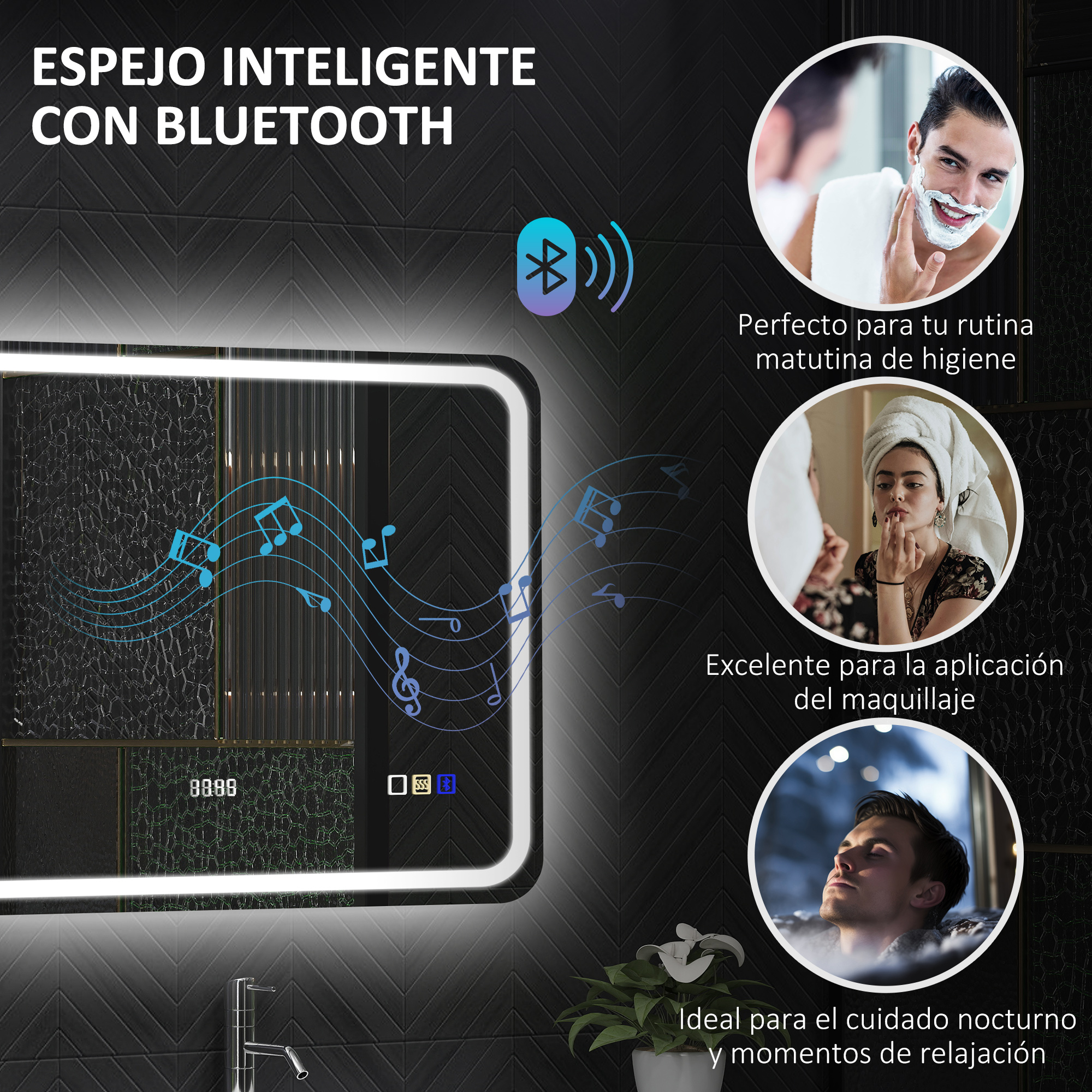 Espejo inteligente con icono Bluetooth, notas musicales y tres imágenes.
