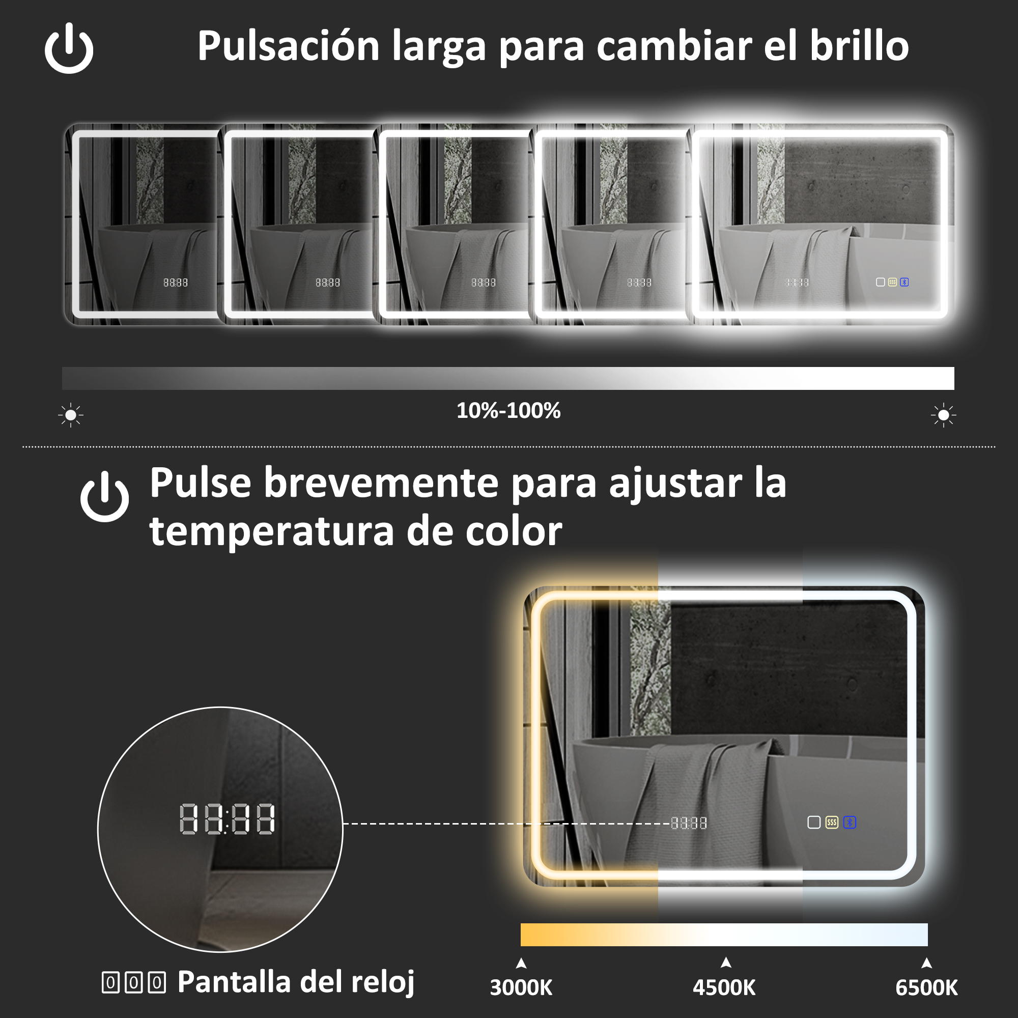 El espejo muestra control de brillo y temperatura de color con reloj digital.