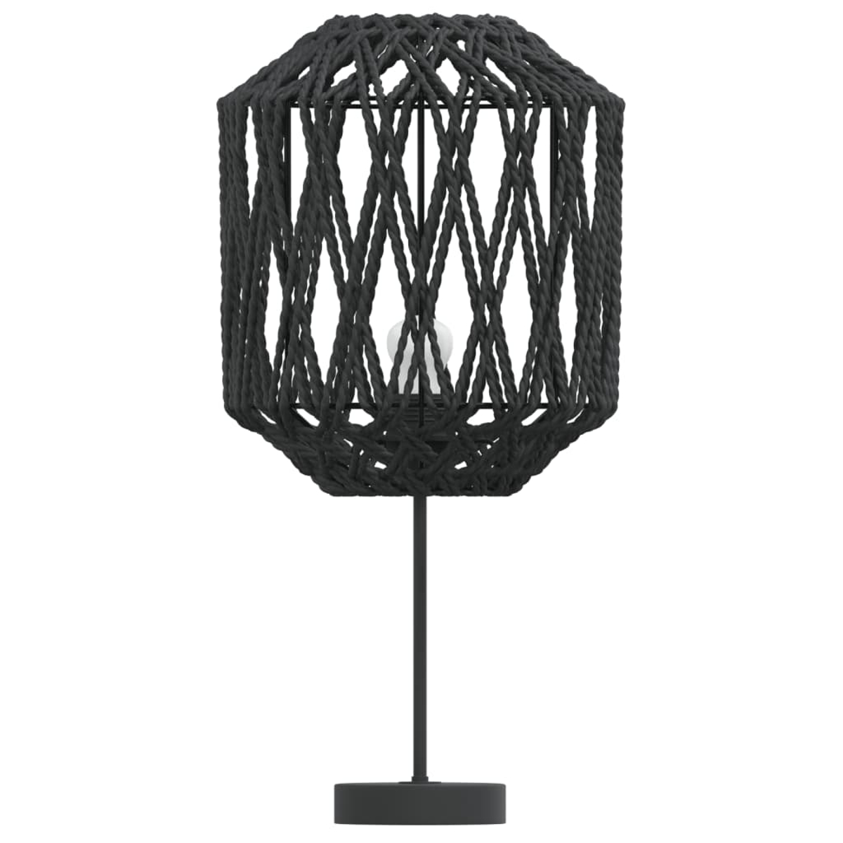 Schwarze Tischlampe mit geflochtenem Schirm und glühbirne.