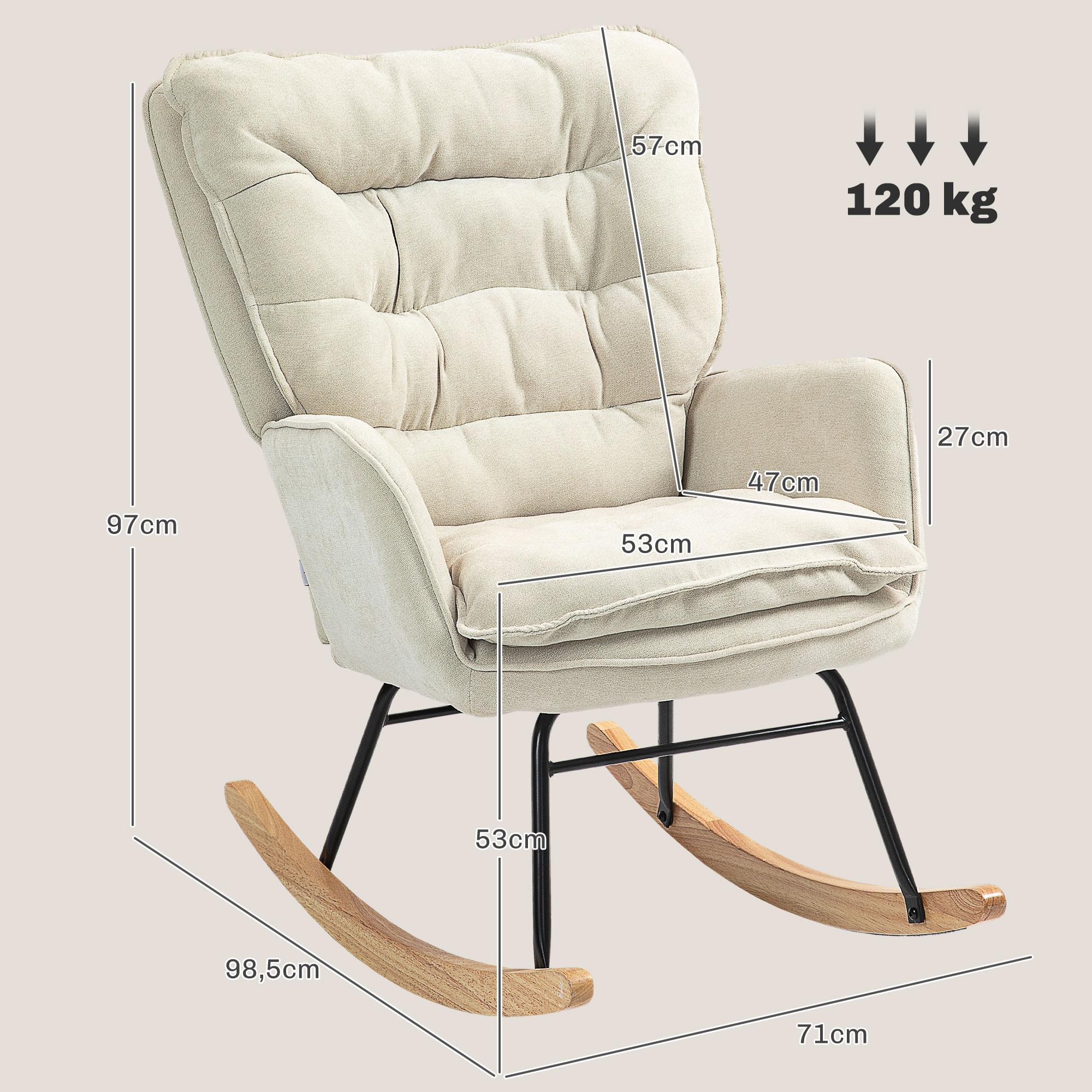 Sillón balancín beige con base de madera y patas de metal negro. Máx 120 kg.