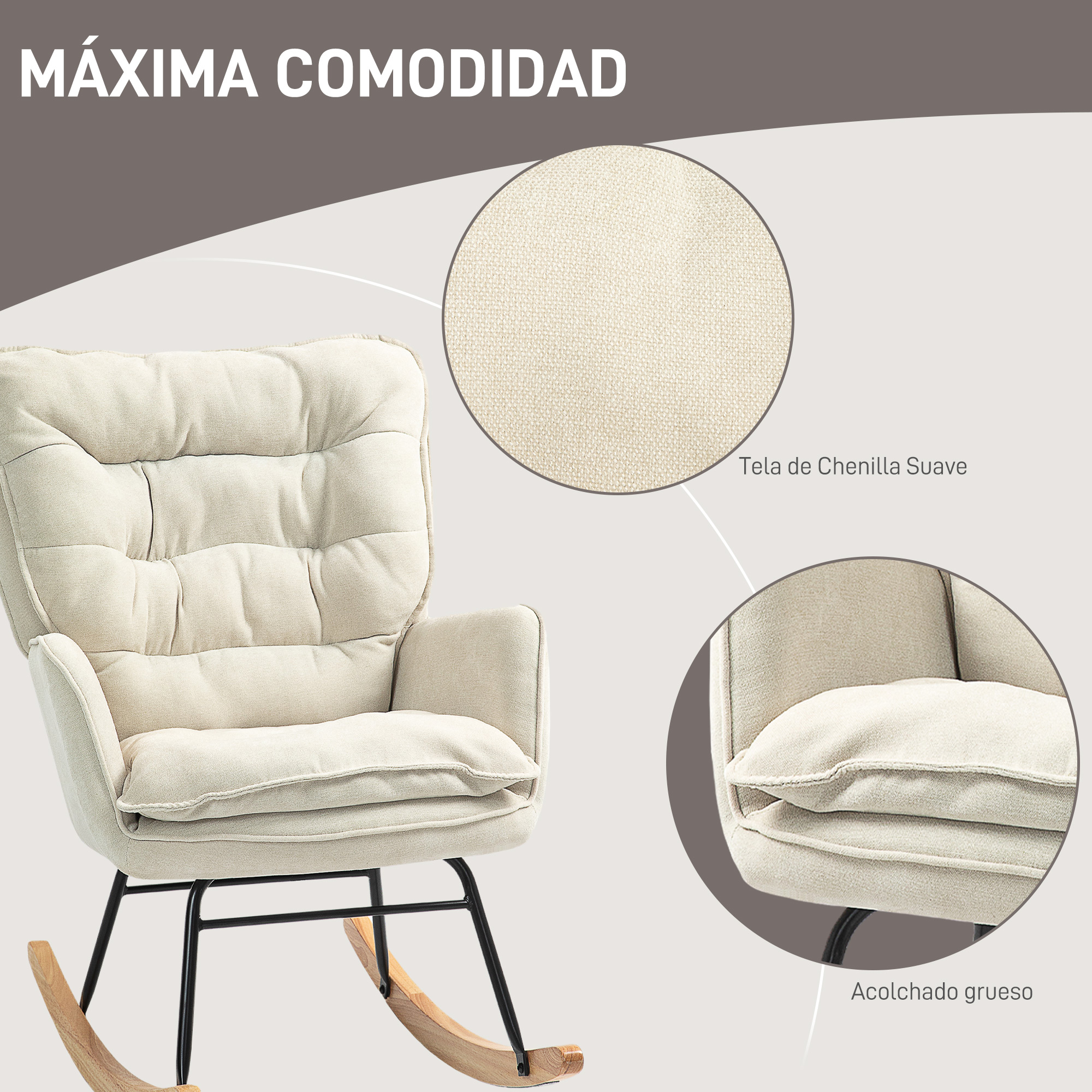 Un sillón mecedora beige con respaldo y asiento acolchados sobre estructura metálica negra.
