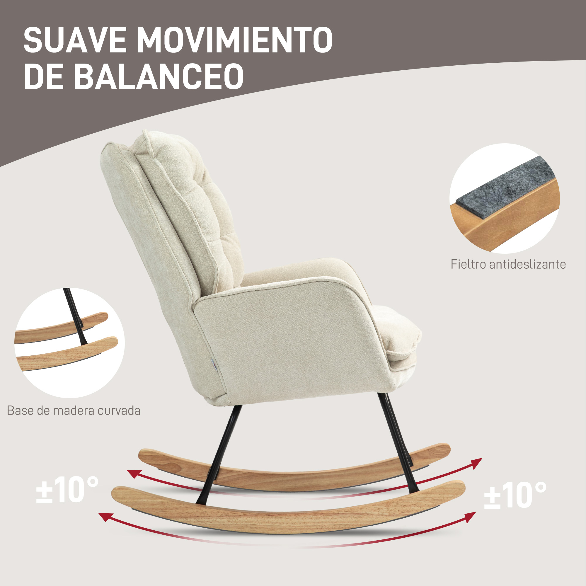 Sillón balancín beige con base de madera y deslizadores de fieltro, se balancea ±10°.