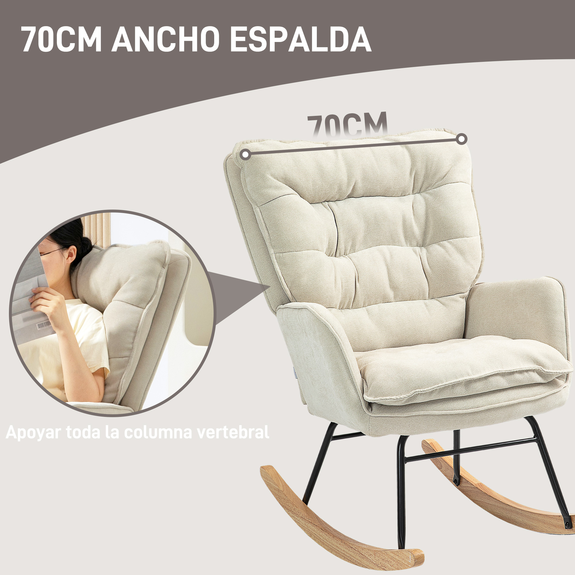 Sillón balancín tapizado beige con cojines, 70cm ancho.
