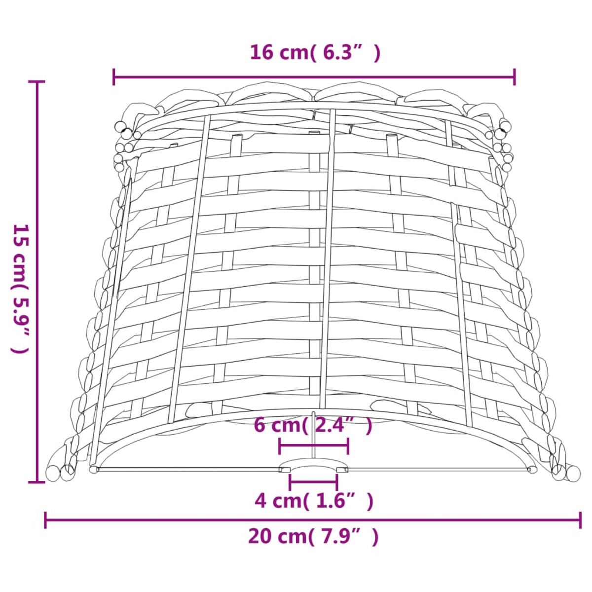 Diagramm eines geflochtenen Lampenschirms mit Maßen: Höhe 15cm, obere Breite 16cm, untere Breite 20cm.