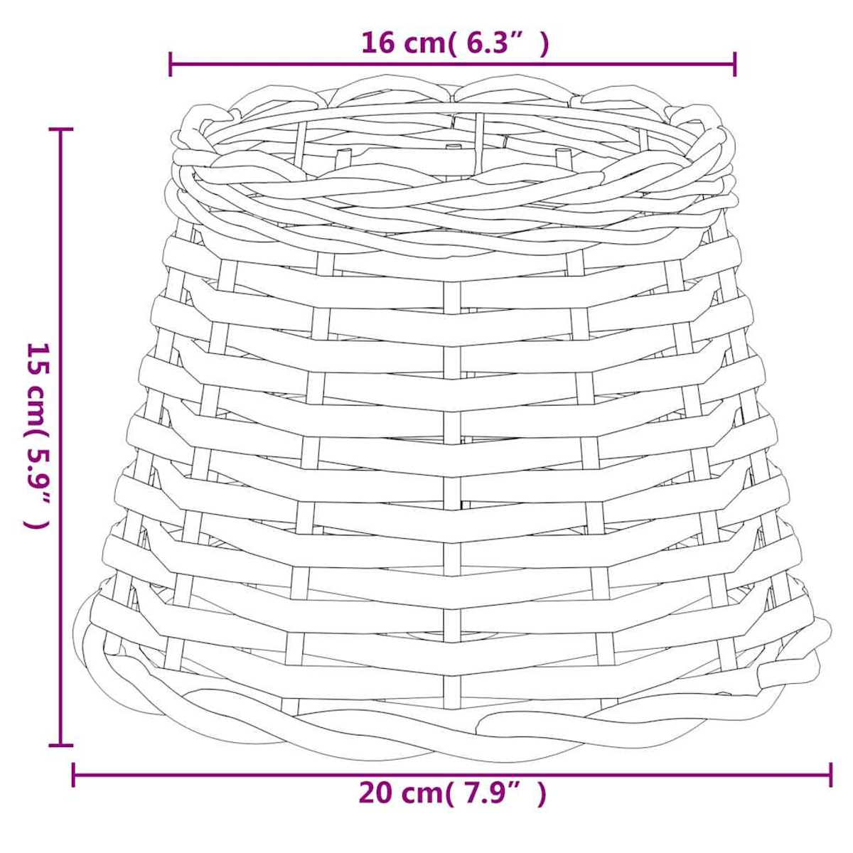 Ein Weidenkorb mit Maßen von 20 cm Breite, 15 cm Höhe und 16 cm Tiefe.