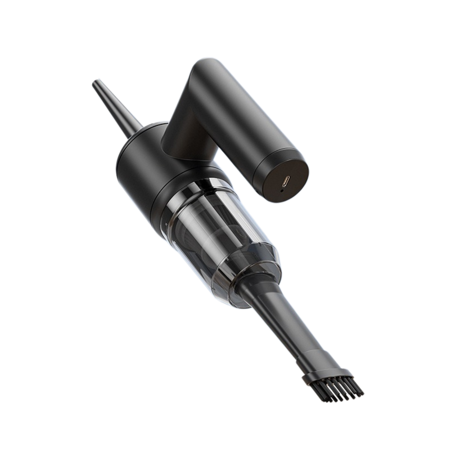 Schwarzer Handstaubsauger mit transparentem Staubbehälter und USB-C-Anschluss.