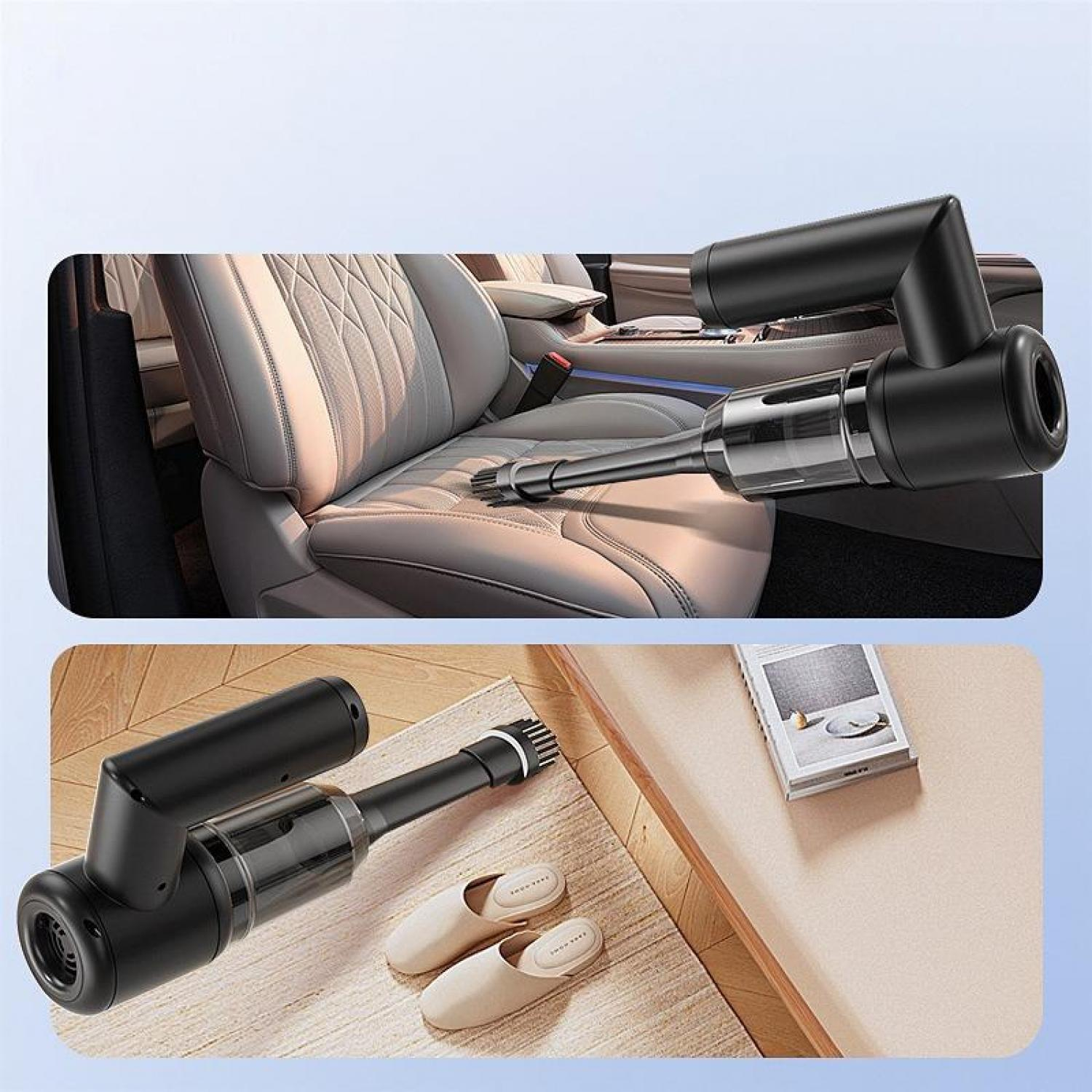 Schwarzer Handstaubsauger im Auto und auf einem Teppich neben Hausschuhen.
