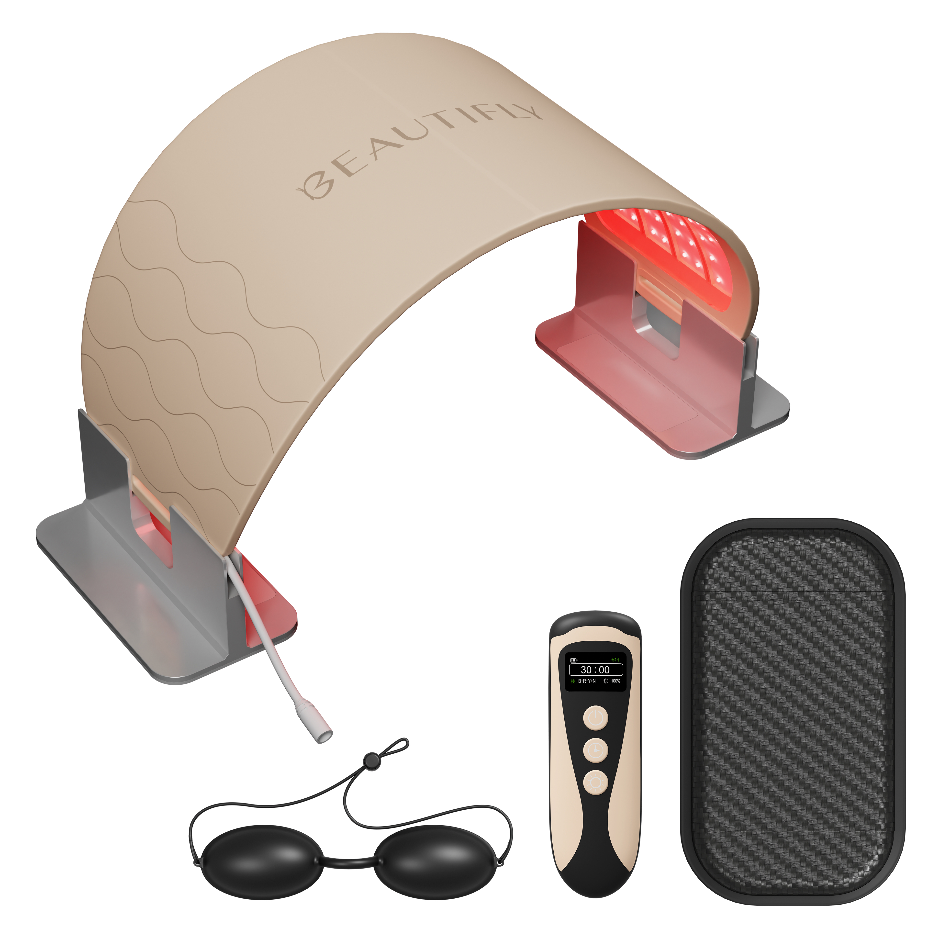 Un dispositivo embellecedor con luz roja, mando, gafas y almohadilla.