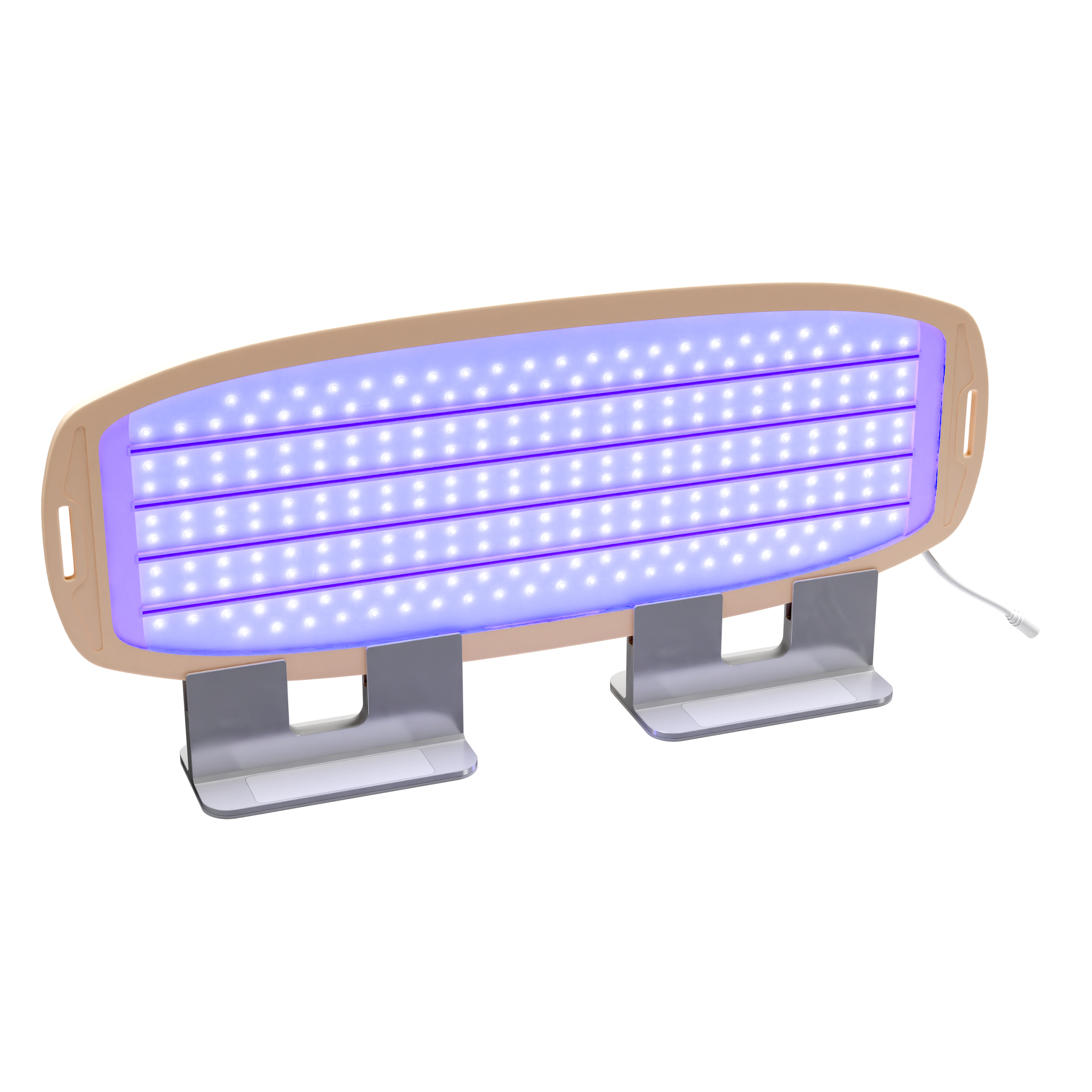 Un secador de esmalte de uñas UV con muchos LED azules sobre un soporte.