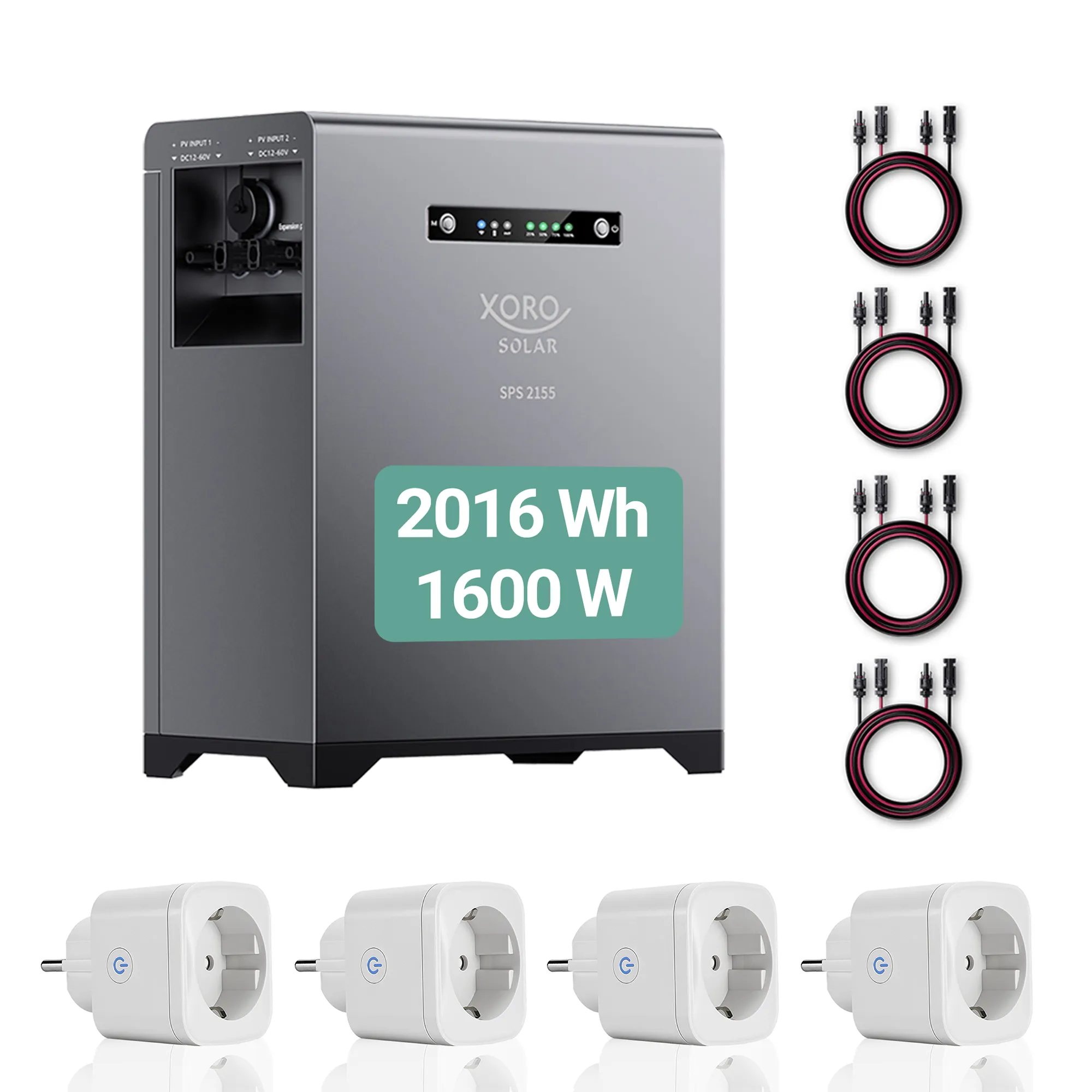 Grauer Solar-Wechselrichter mit Kabeln und Steckdosen. 2016 Wh 1600 W.