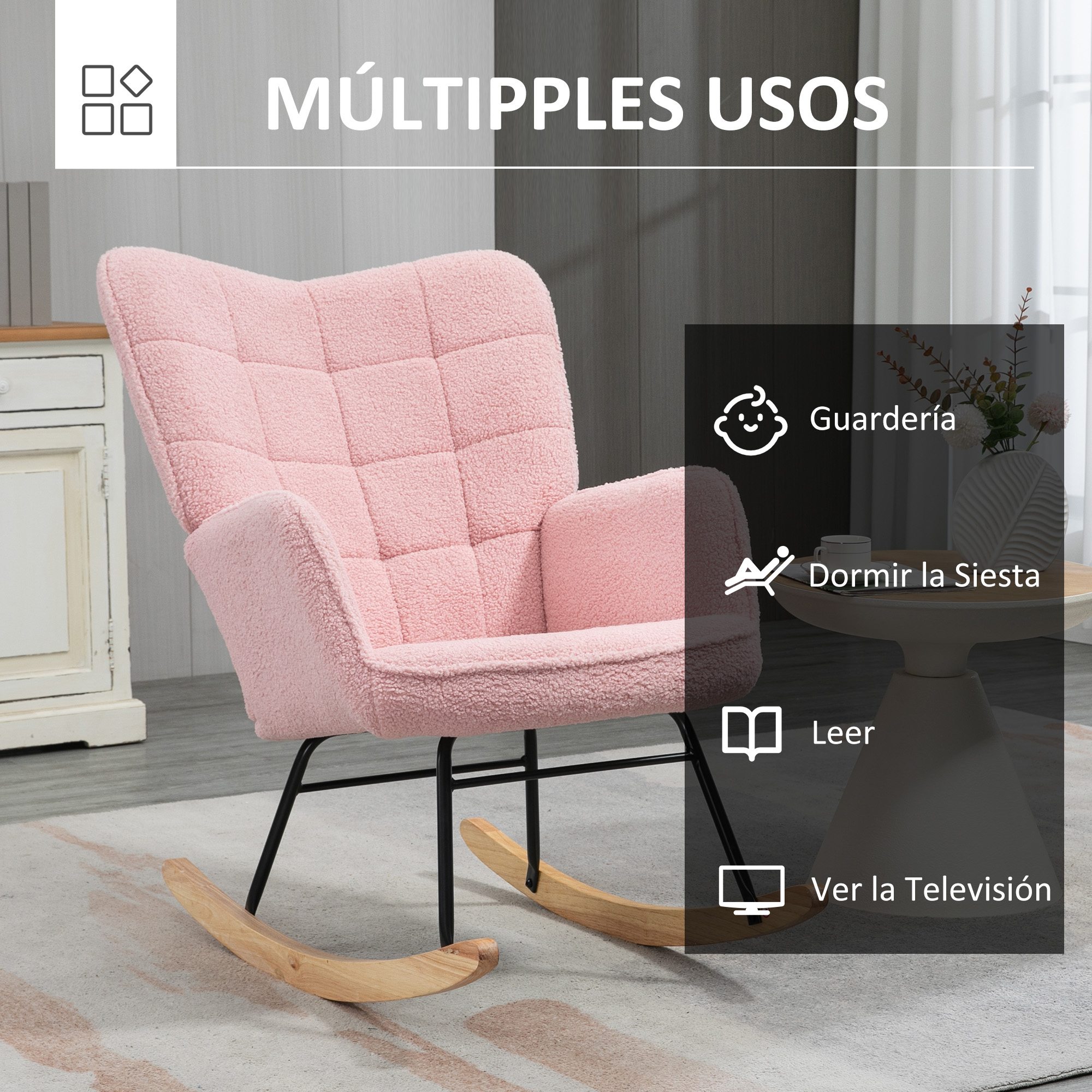 Un sillón mecedora rosa de peluche con patas de metal negro sobre una alfombra clara.