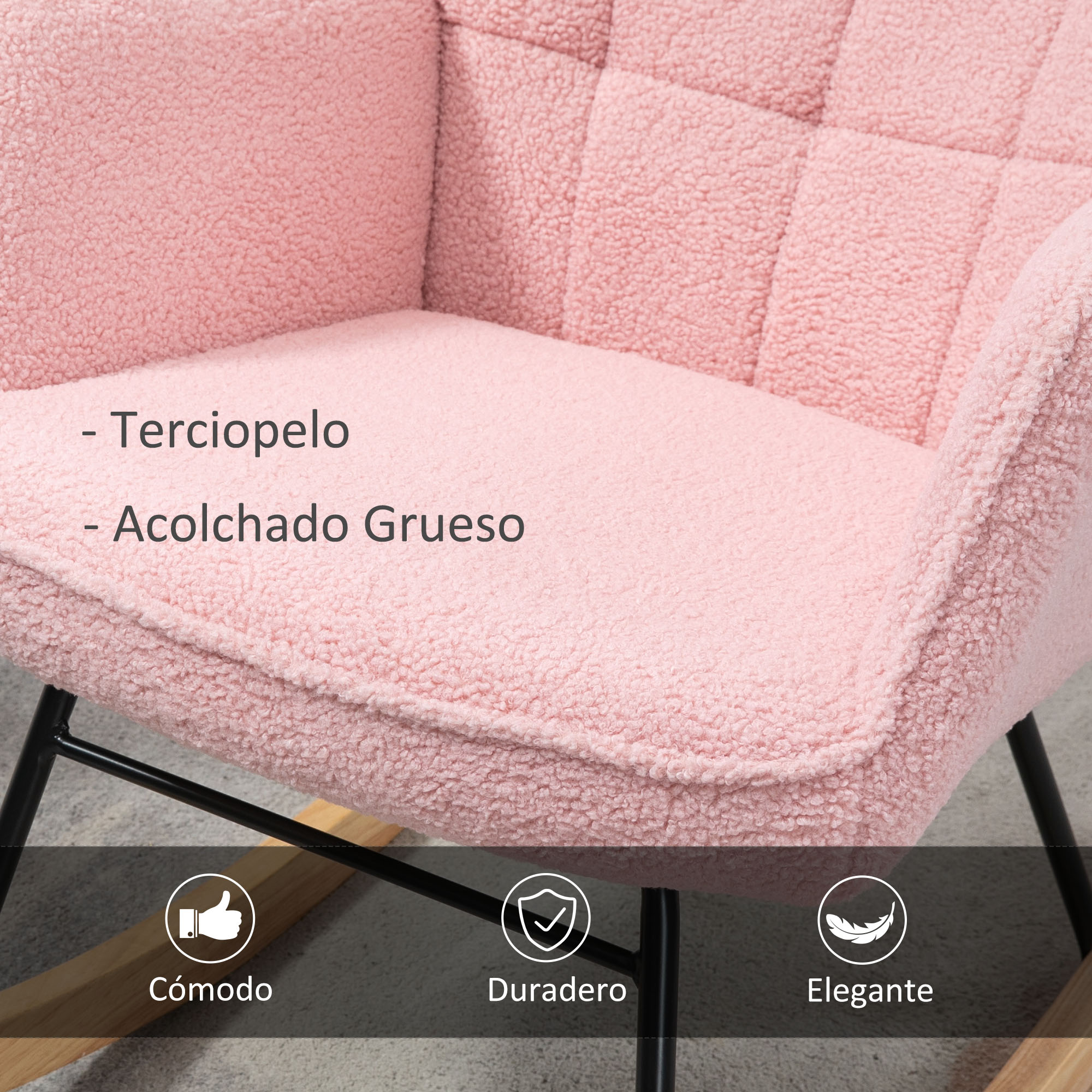 Una mecedora rosa con tela de oso de peluche y diseño capitoné.