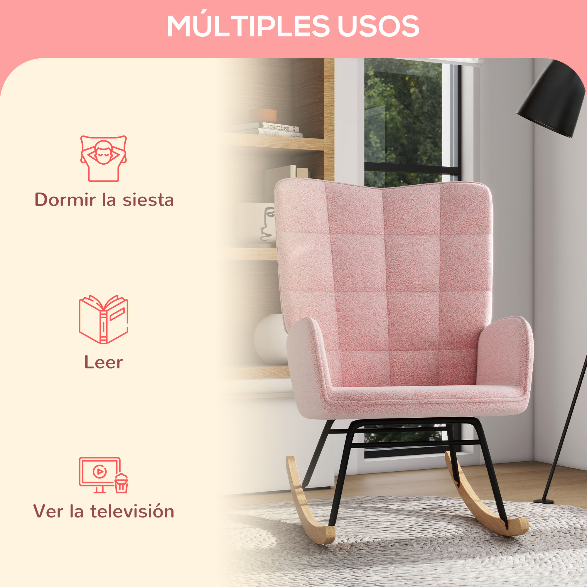 Un sillón mecedora rosa sobre una alfombra redonda en una habitación luminosa.
