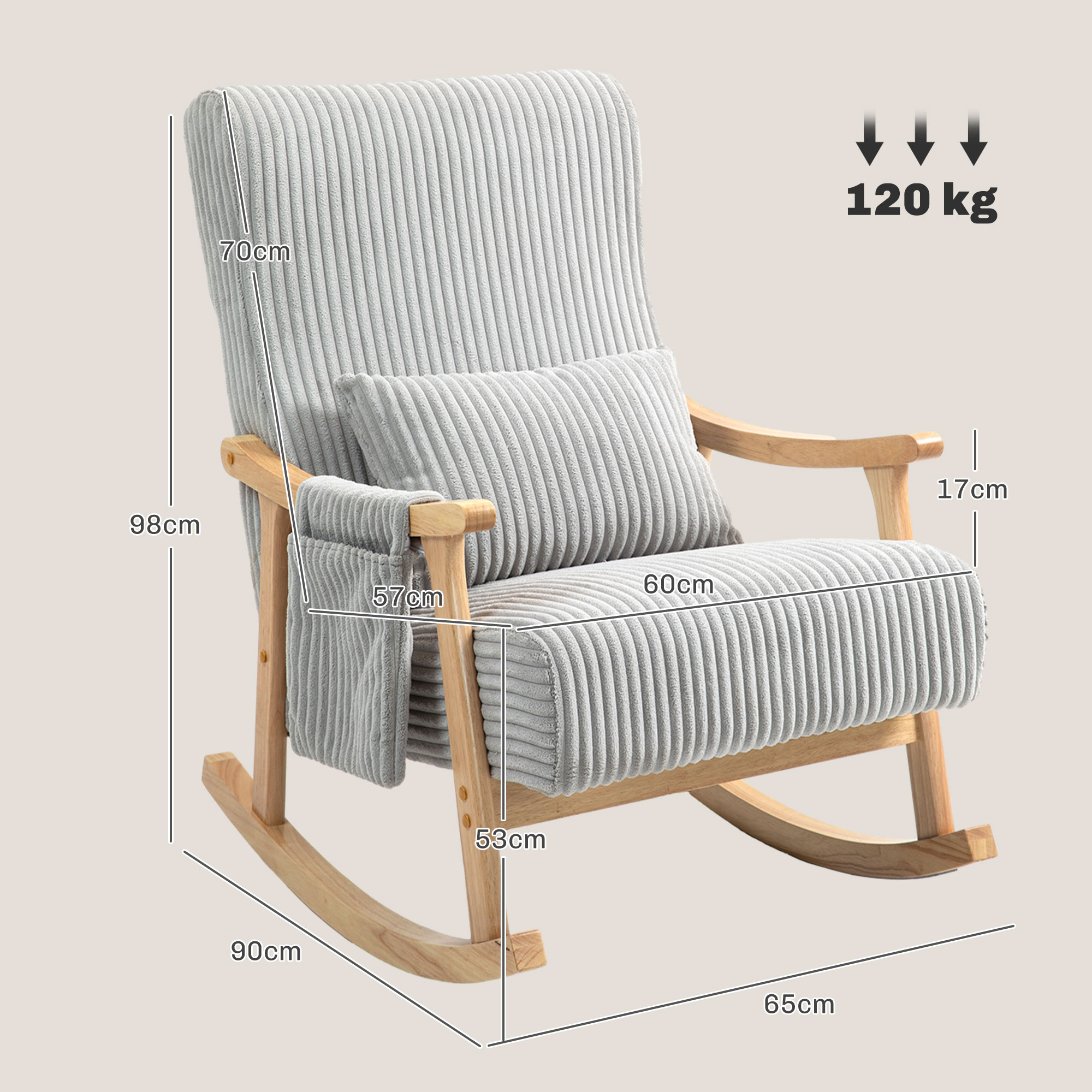 Un sillón balancín gris de pana con marco de madera, cojín y bolsillo lateral.