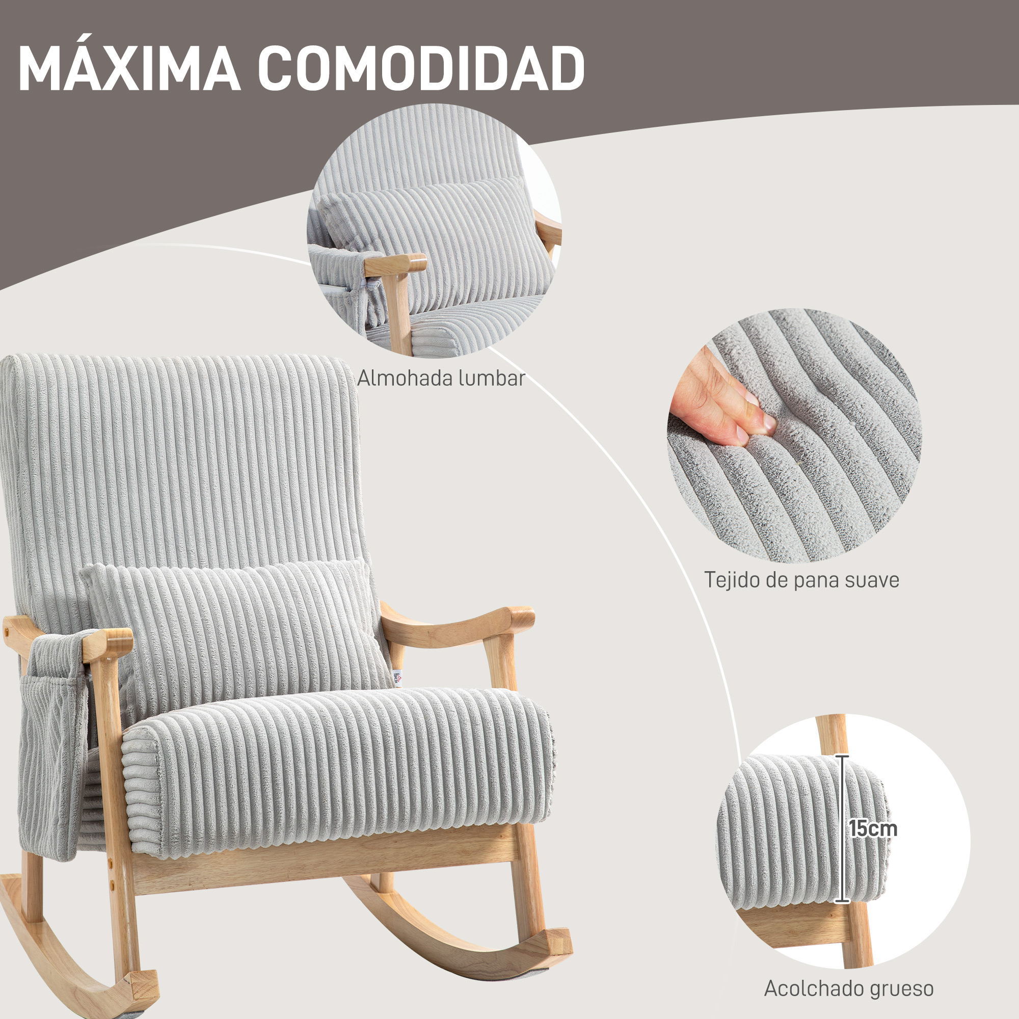 Sillón mecedora gris con marco de madera, cojines suaves y almohada lumbar.