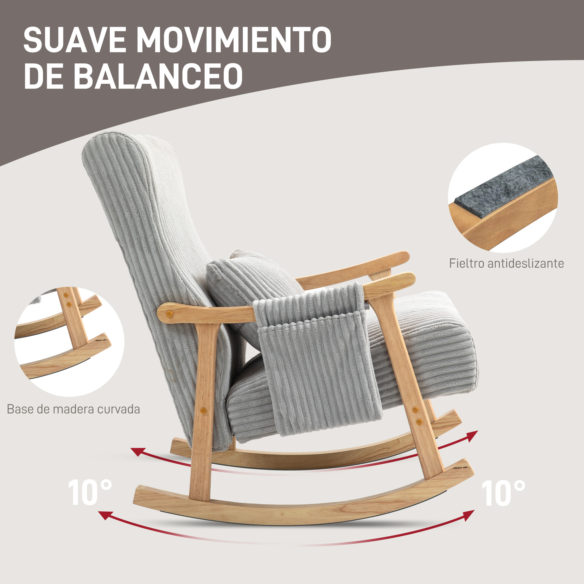 Sillón balancín gris con estructura de madera, asiento ancho y 10° de inclinación.