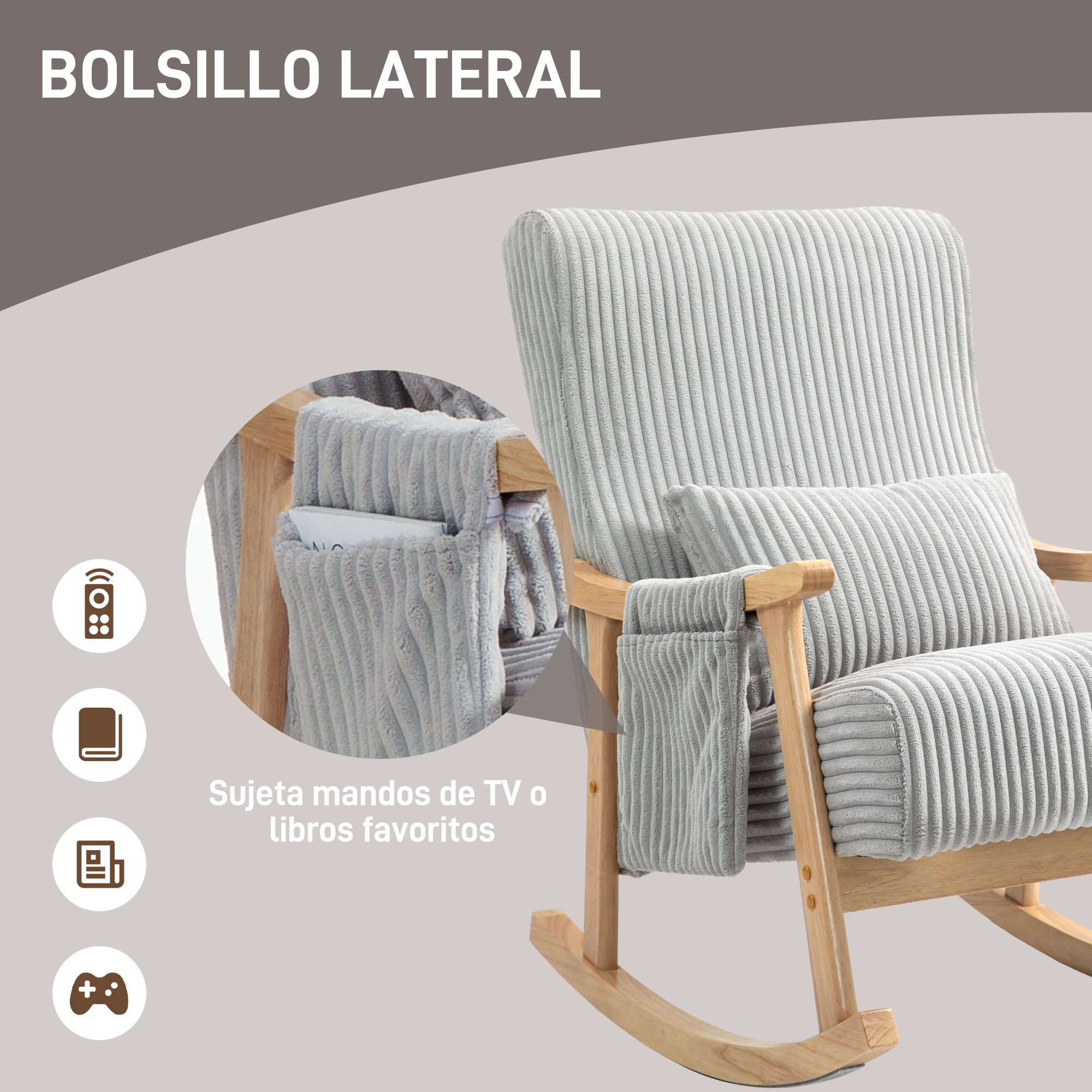 Sillón mecedora gris con bolsillos laterales para mandos o libros.