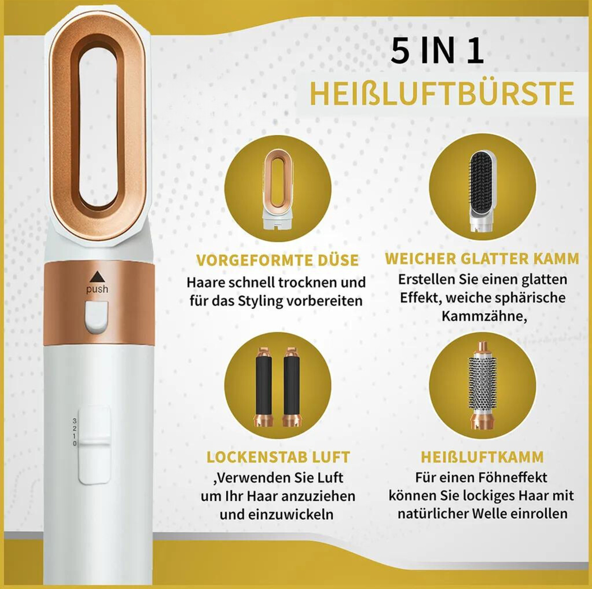 Ein 5-in-1 Heißluftbürsten-Stylinggerät mit verschiedenen Aufsätzen.