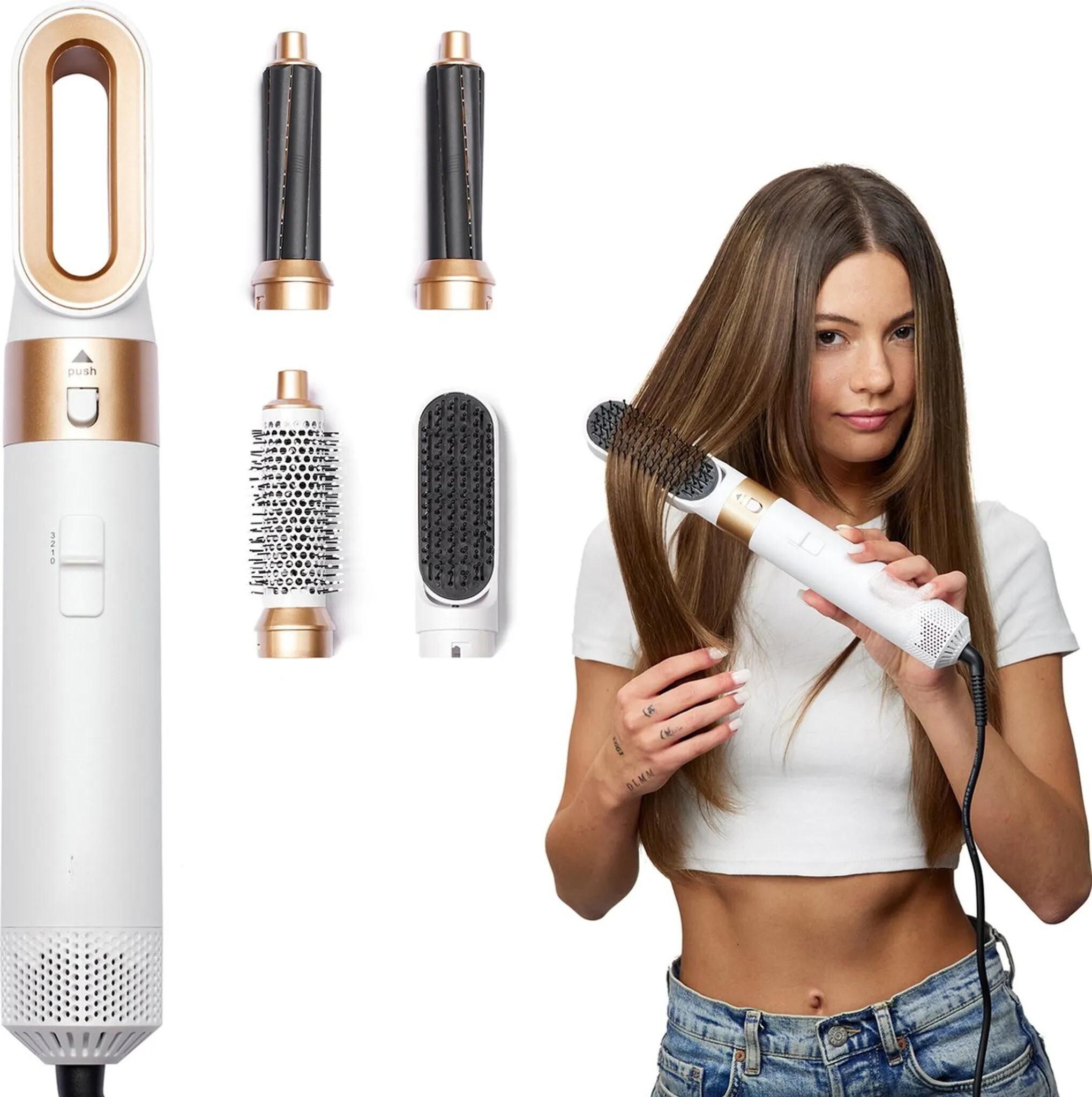 Frau stylt Haare mit weißem und goldenem Lockenstab-Set mit Zubehör.