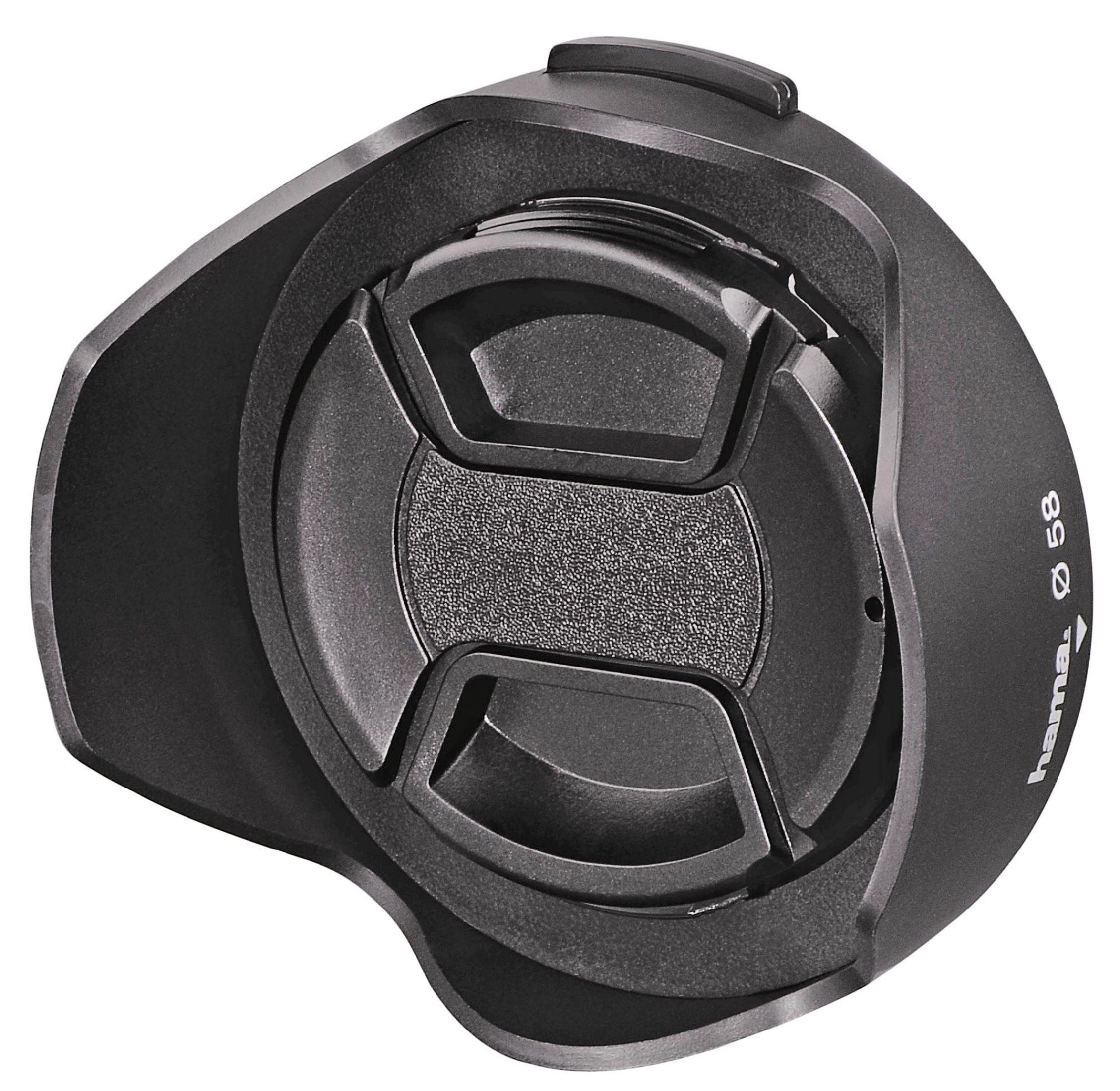 Schwarzer Kameraobjektivdeckel mit 58mm Gewinde und "hama" Logo.