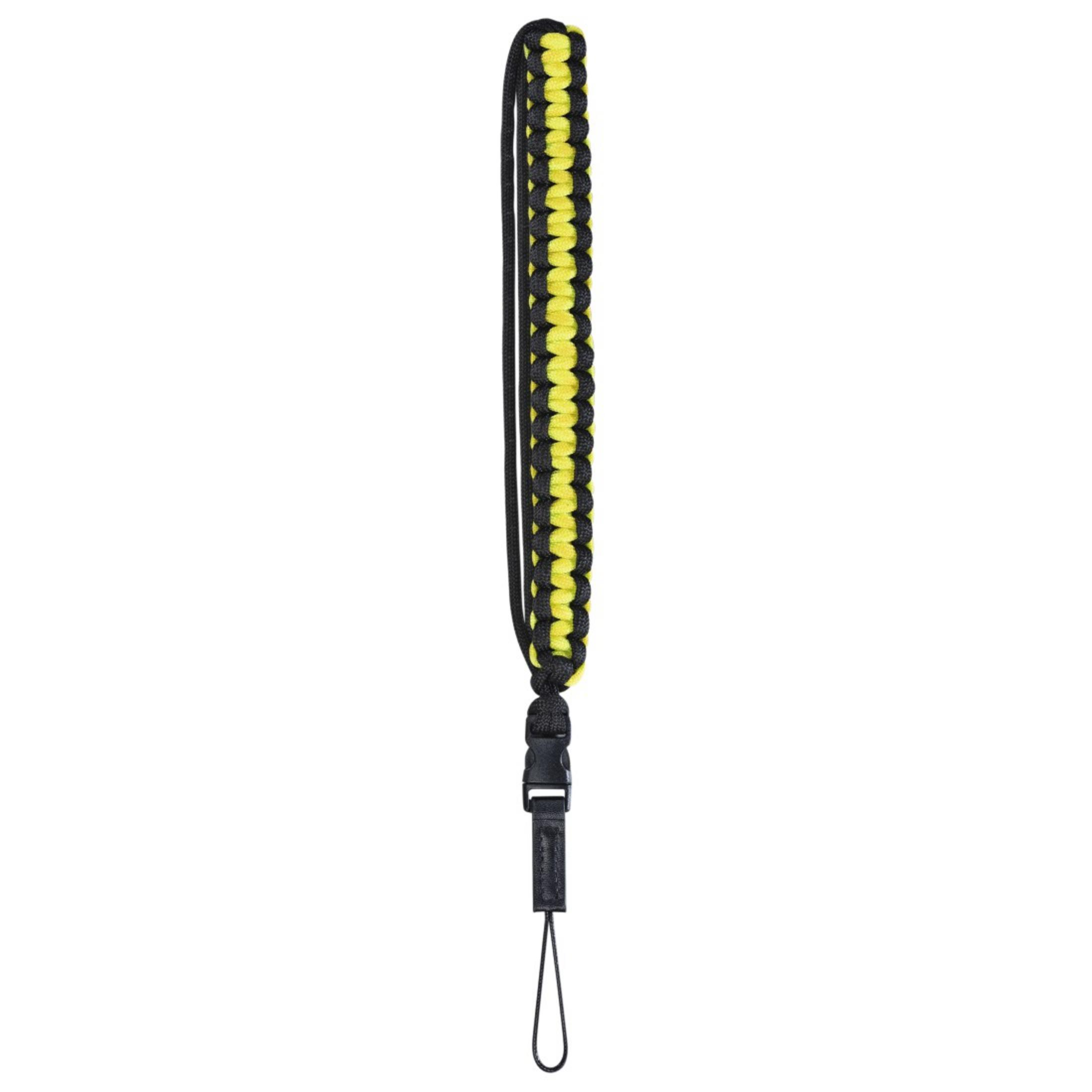 Dragonne en paracorde noir et jaune avec clip et boucle noirs.