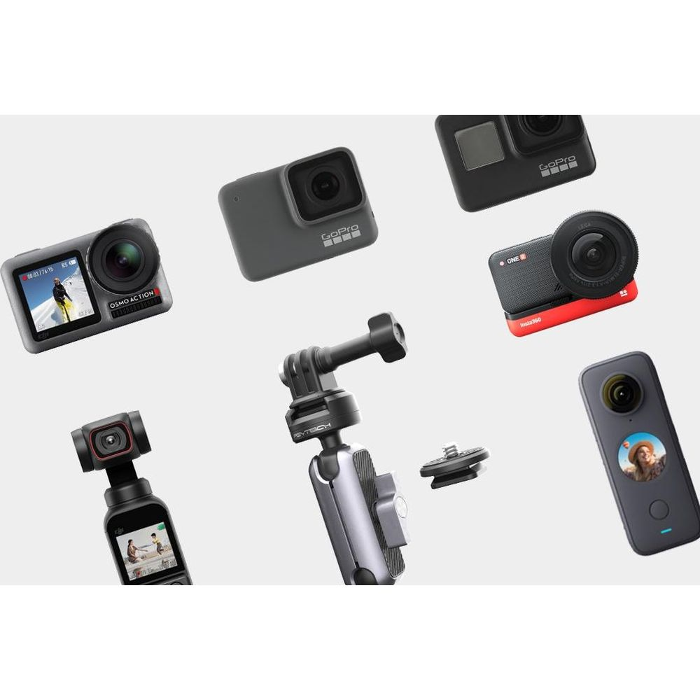 Kamery akcji: DJI Osmo Action, GoPro, Insta360 i statyw.