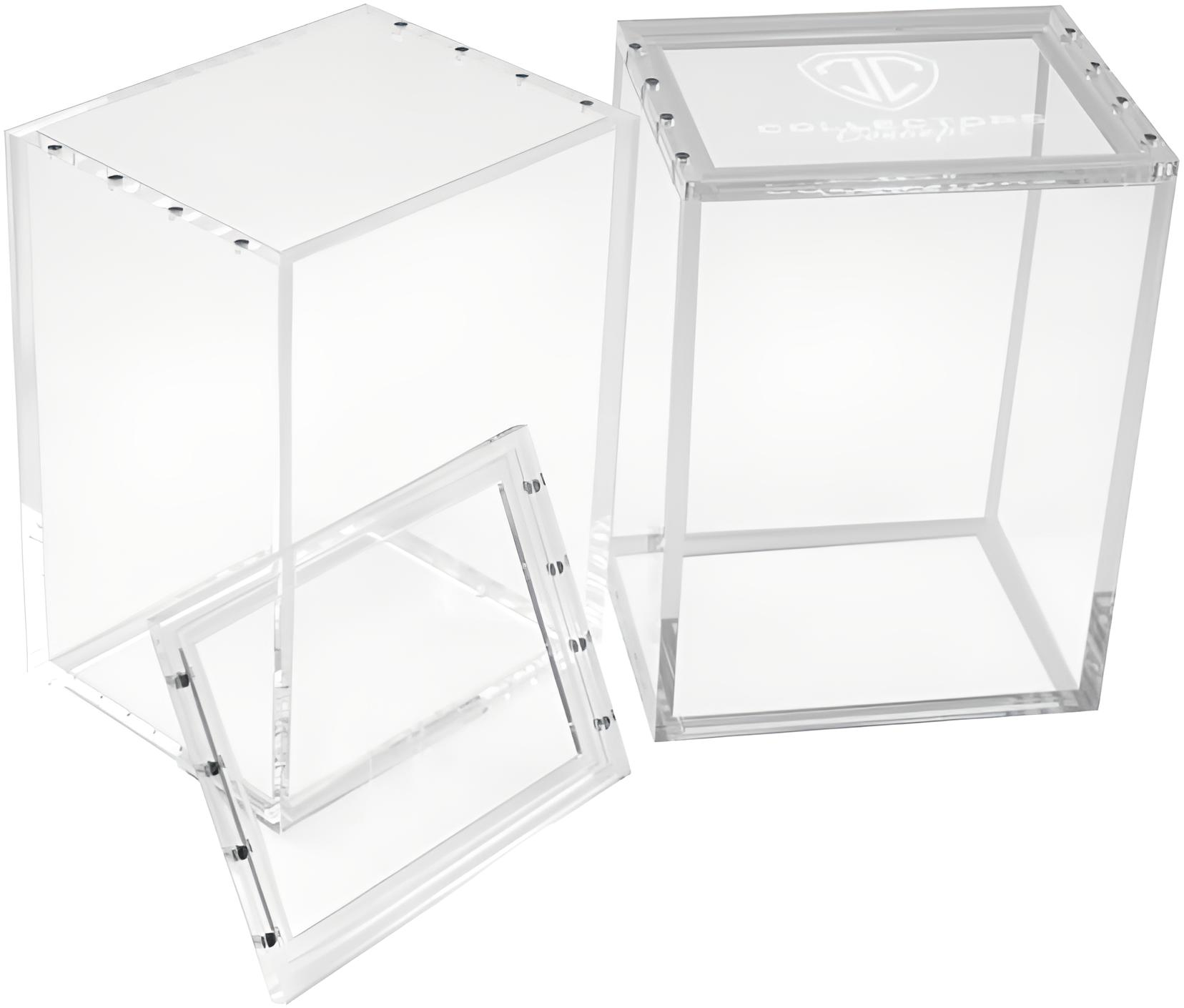 Zwei klare Acrylboxen mit Metallschrauben, eine mit offener Tür.