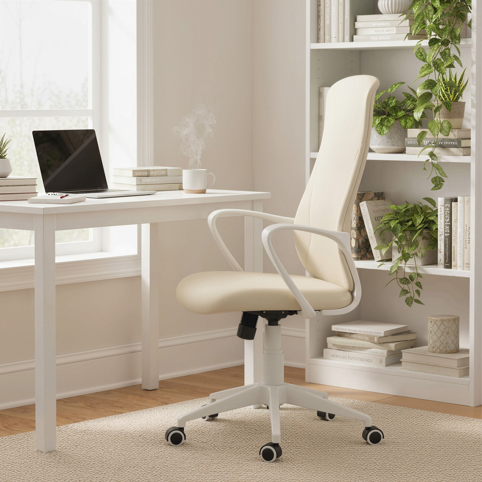 Una oficina luminosa con escritorio, portátil, silla y estantería con plantas.