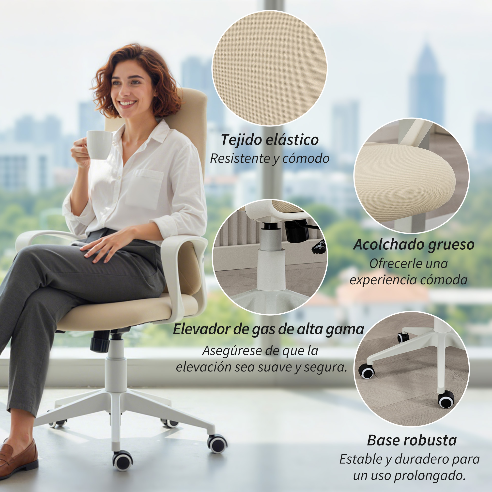 Mujer en silla de oficina con taza de café, detalles de la silla.