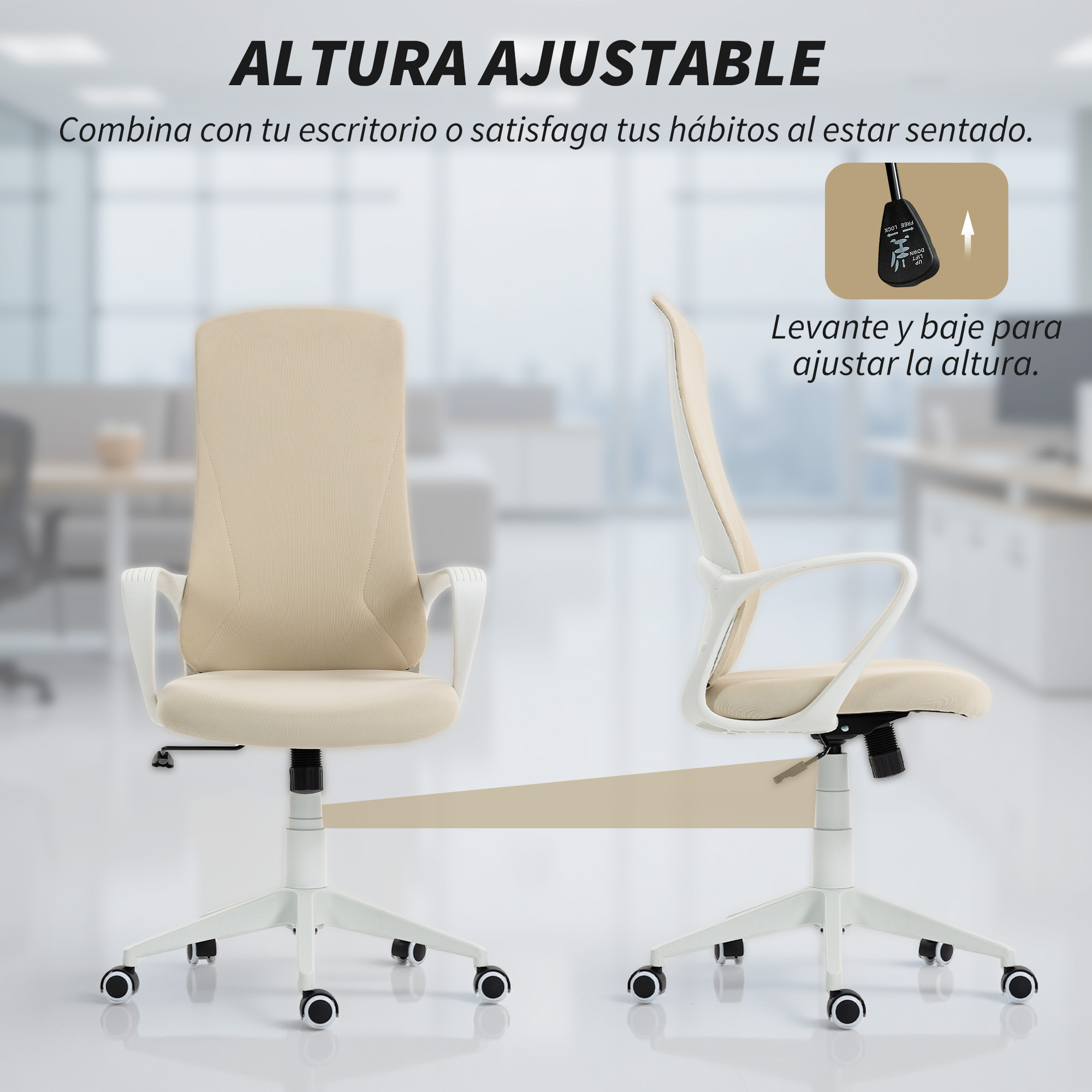 Una silla de oficina beige con base blanca y ruedas, vista frontal y lateral.