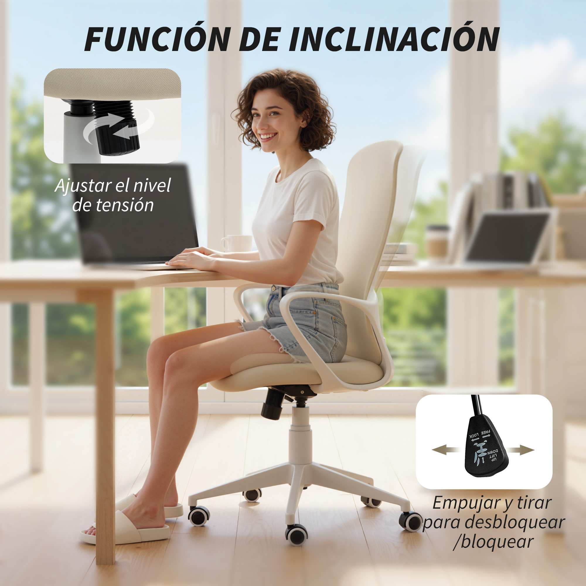Mujer sentada en un escritorio con silla de oficina ajustable en blanco.