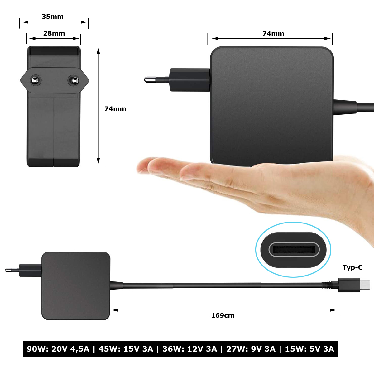 Ein schwarzes Netzteil mit Kabel und Typ-C-Anschluss, Maße angegeben.