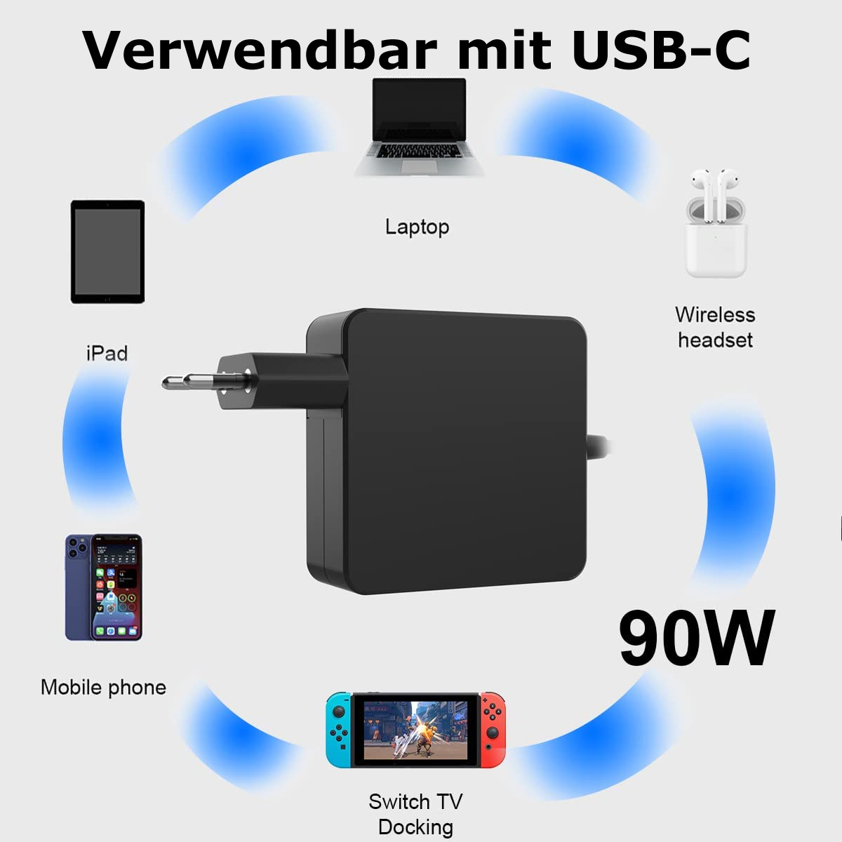 Schwarzer 90W USB-C Ladeadapter mit Symbolen für Laptop, iPad, Handy, Headset, Switch.
