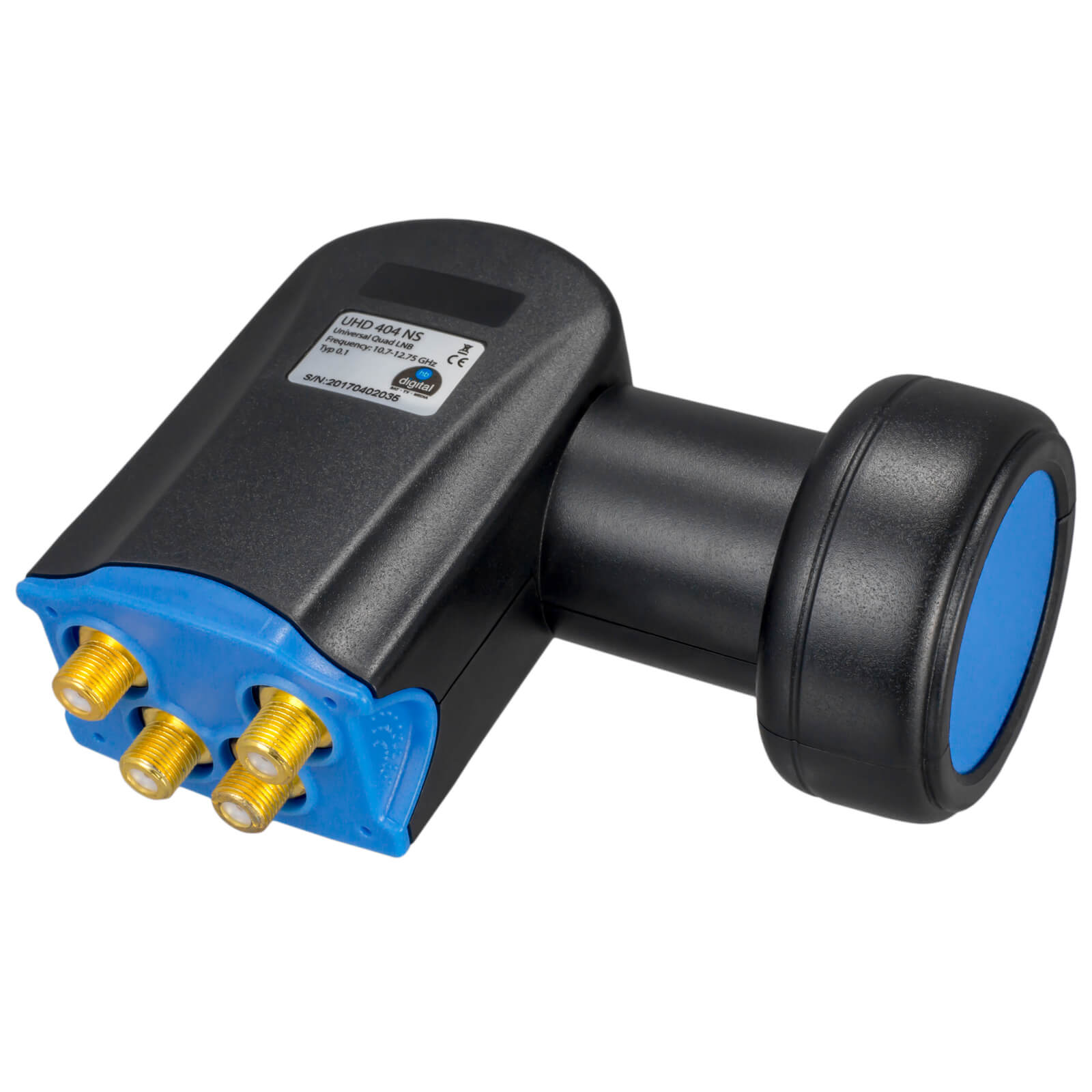 Ein schwarzer LNB mit blauem Akzent und vier goldenen Anschlüssen.