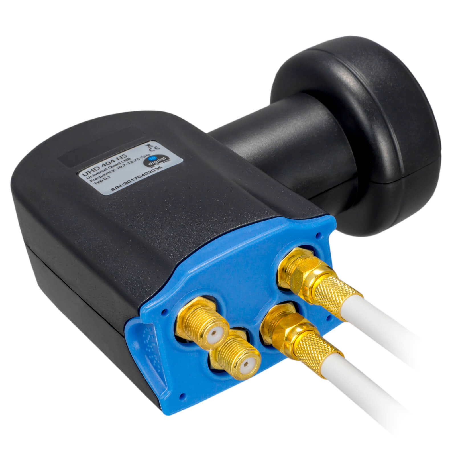 Ein schwarzer LNB mit blauem Anschlussfeld und drei goldenen Koaxialanschlüssen.