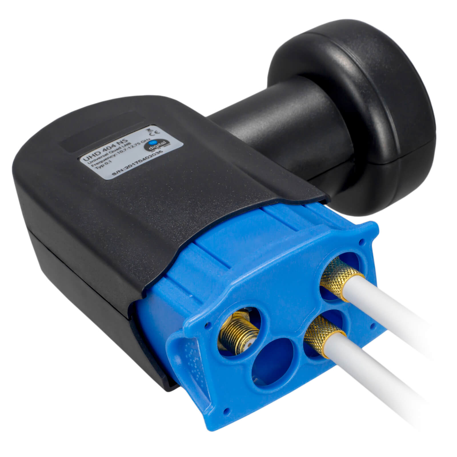 Ein schwarzer LNB mit blauem Anschlussgehäuse und weien Kabeln.