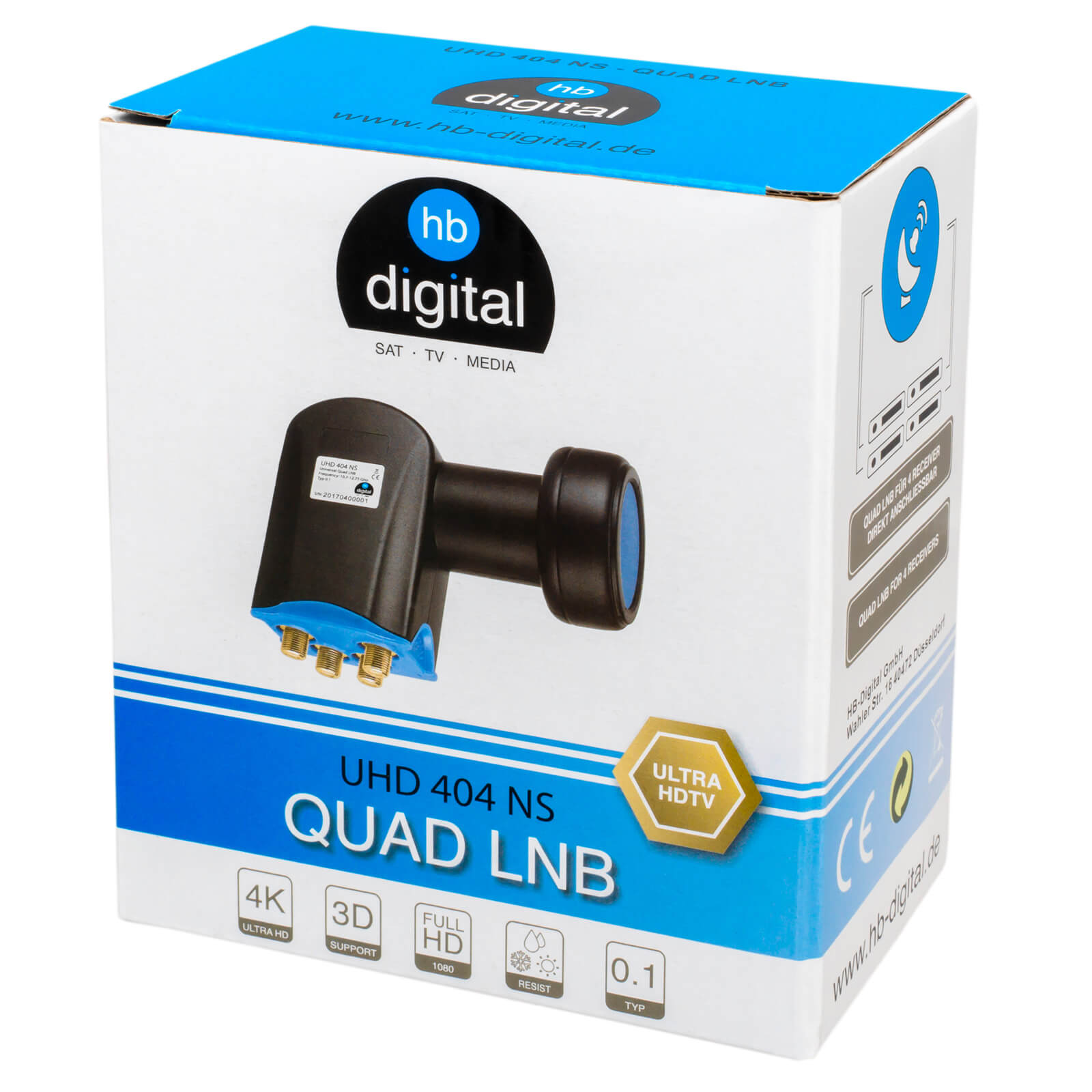 Verpackung für einen Quad LNB von HB Digital mit Produktbild und technischen Details.