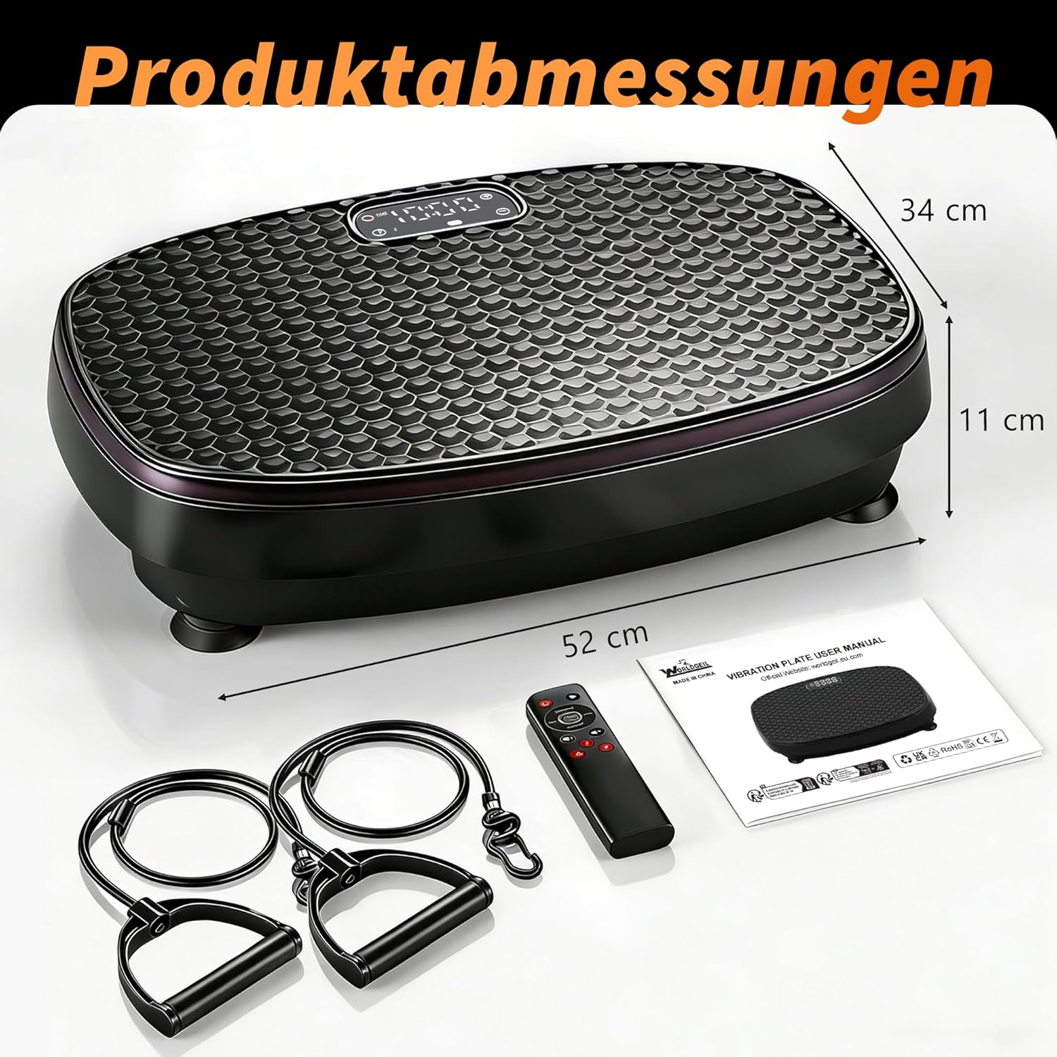 Schwarze Vibrationsplatte mit Fernbedienung, Widerstandsbändern und Anleitung.